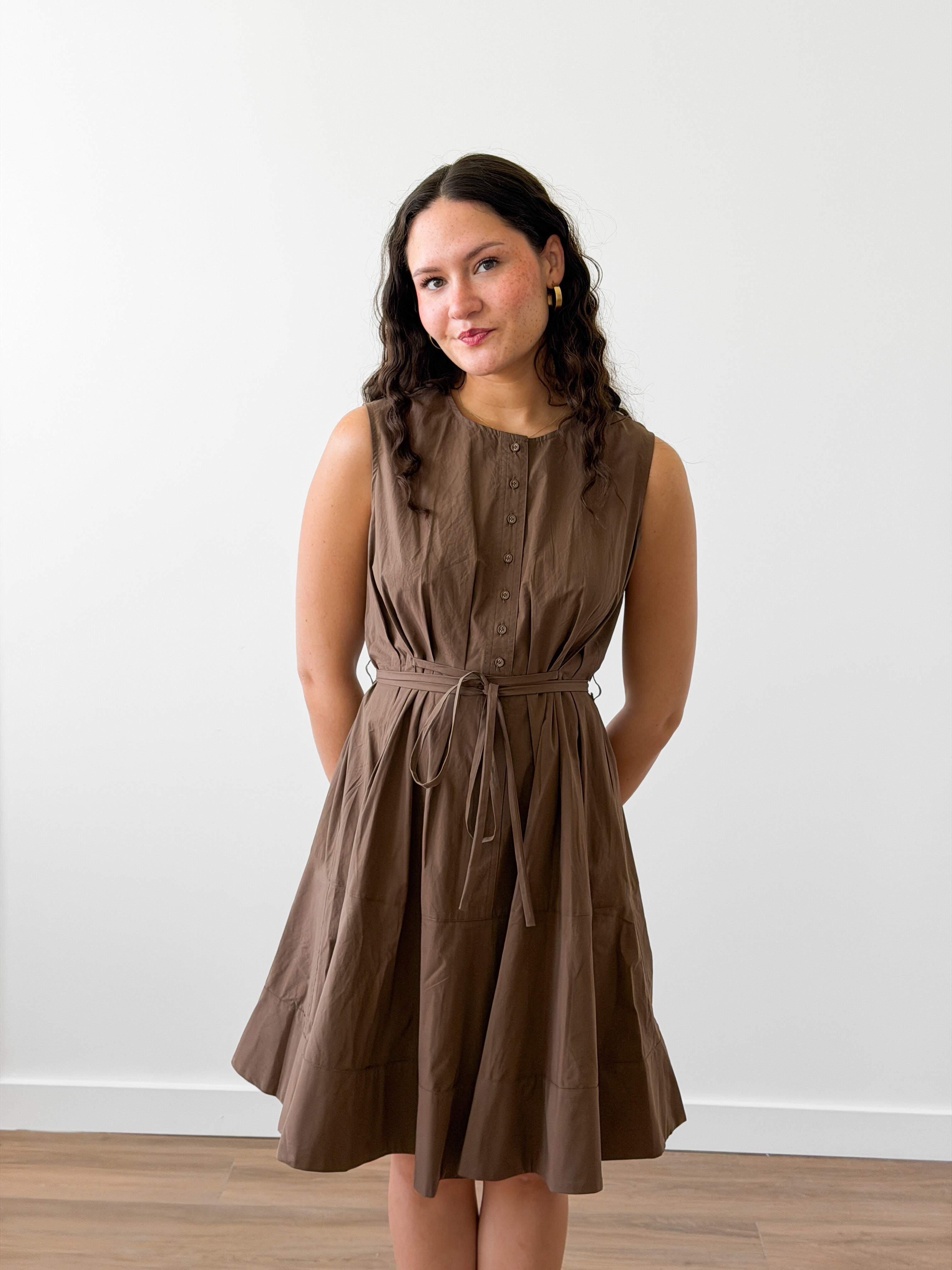 PINCH Cara Cotton Buttoned Tie Waist Tank Mini Dress (Brown)