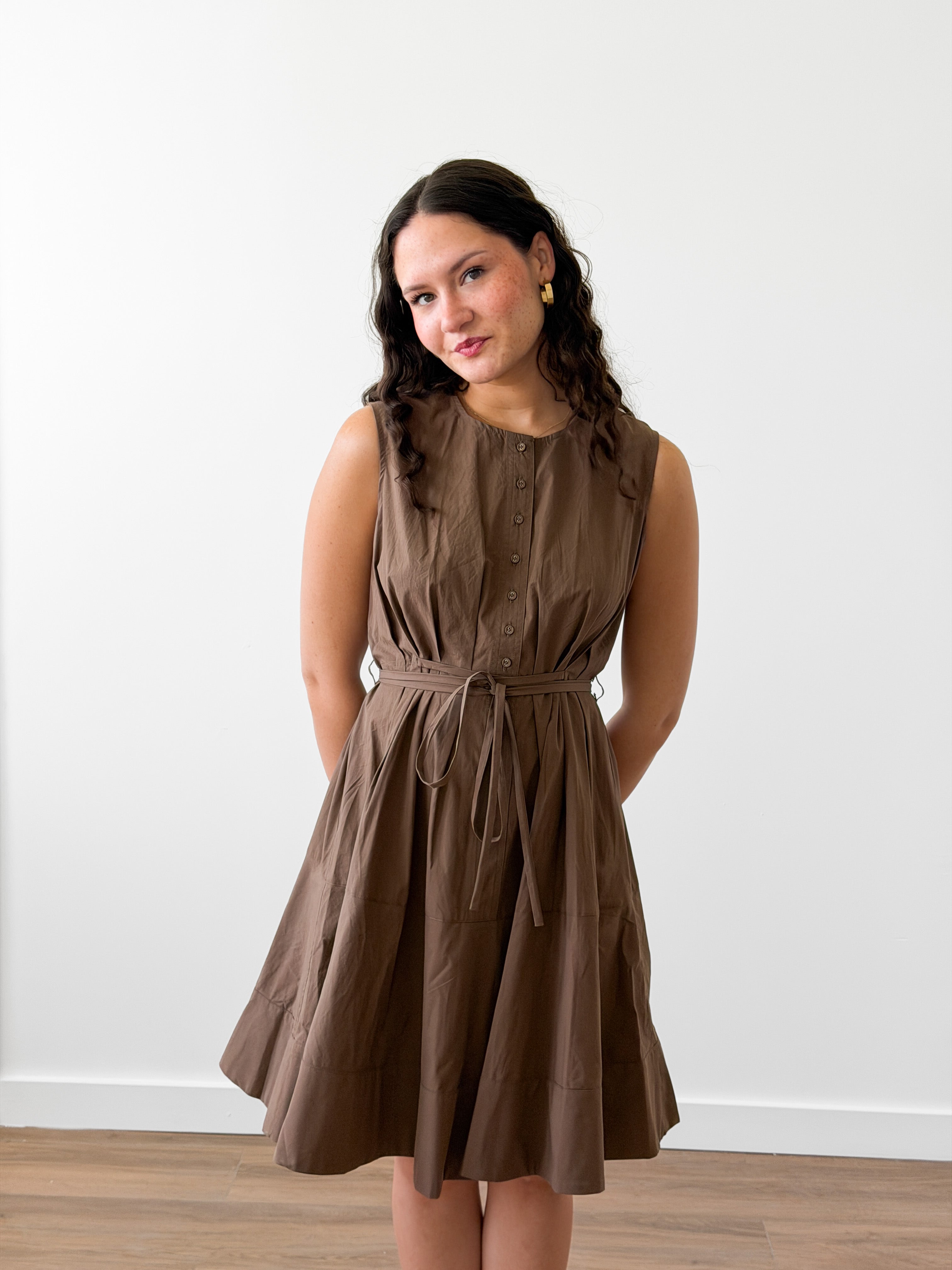 PINCH Cara Cotton Buttoned Tie Waist Tank Mini Dress (Brown)