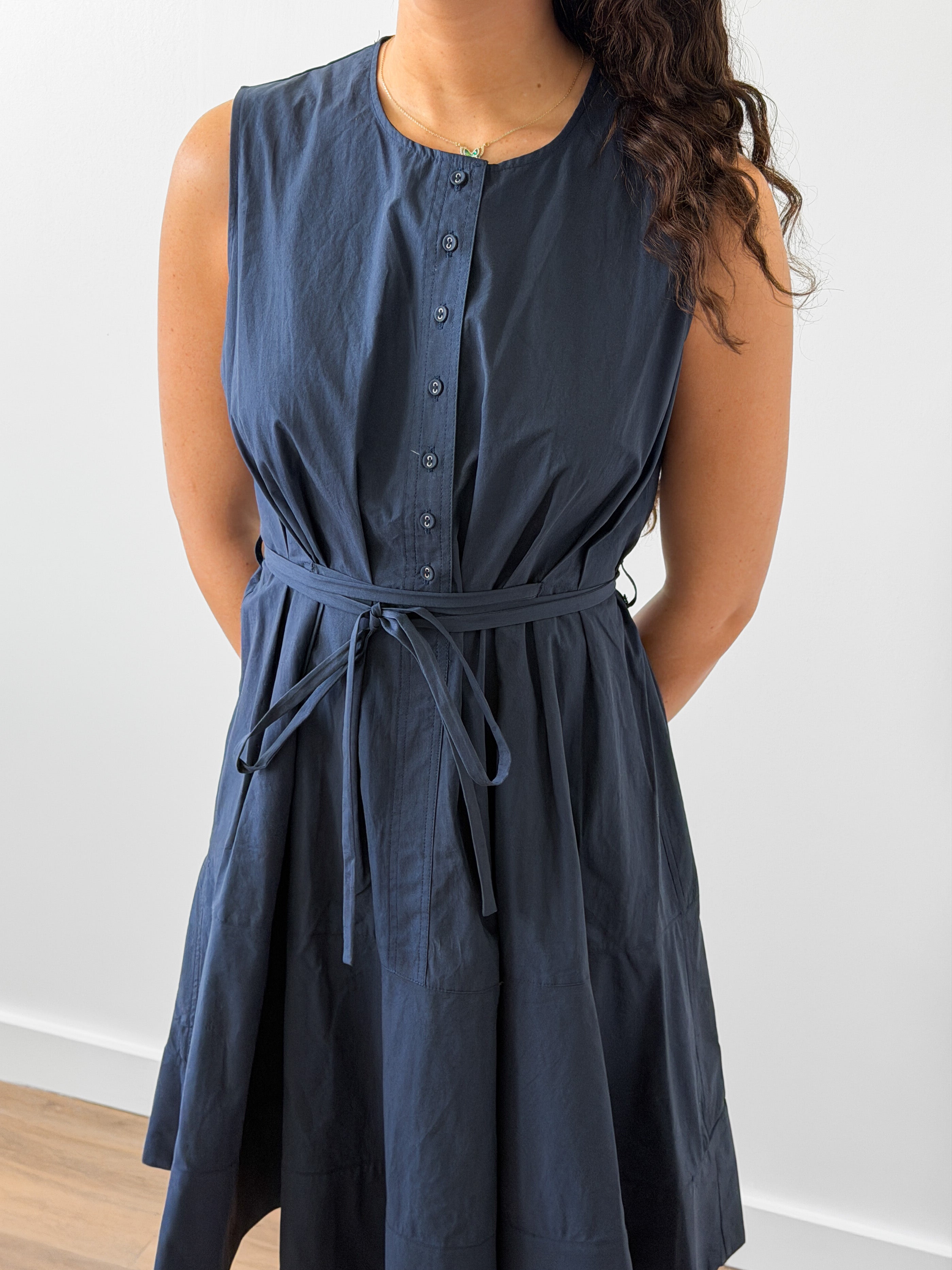 PINCH Cara Cotton Buttoned Tie Waist Tank Mini Dress (Navy)