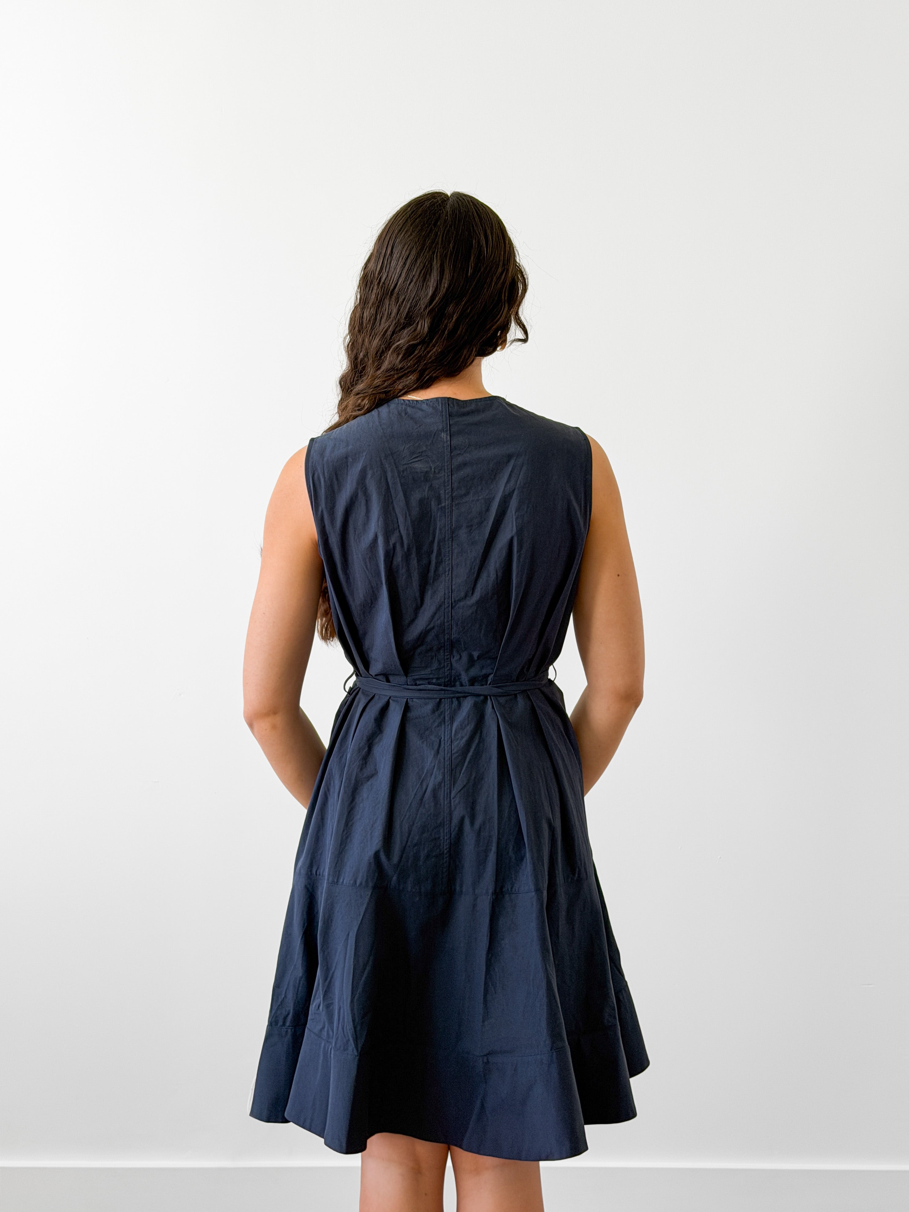 PINCH Cara Cotton Buttoned Tie Waist Tank Mini Dress (Navy)