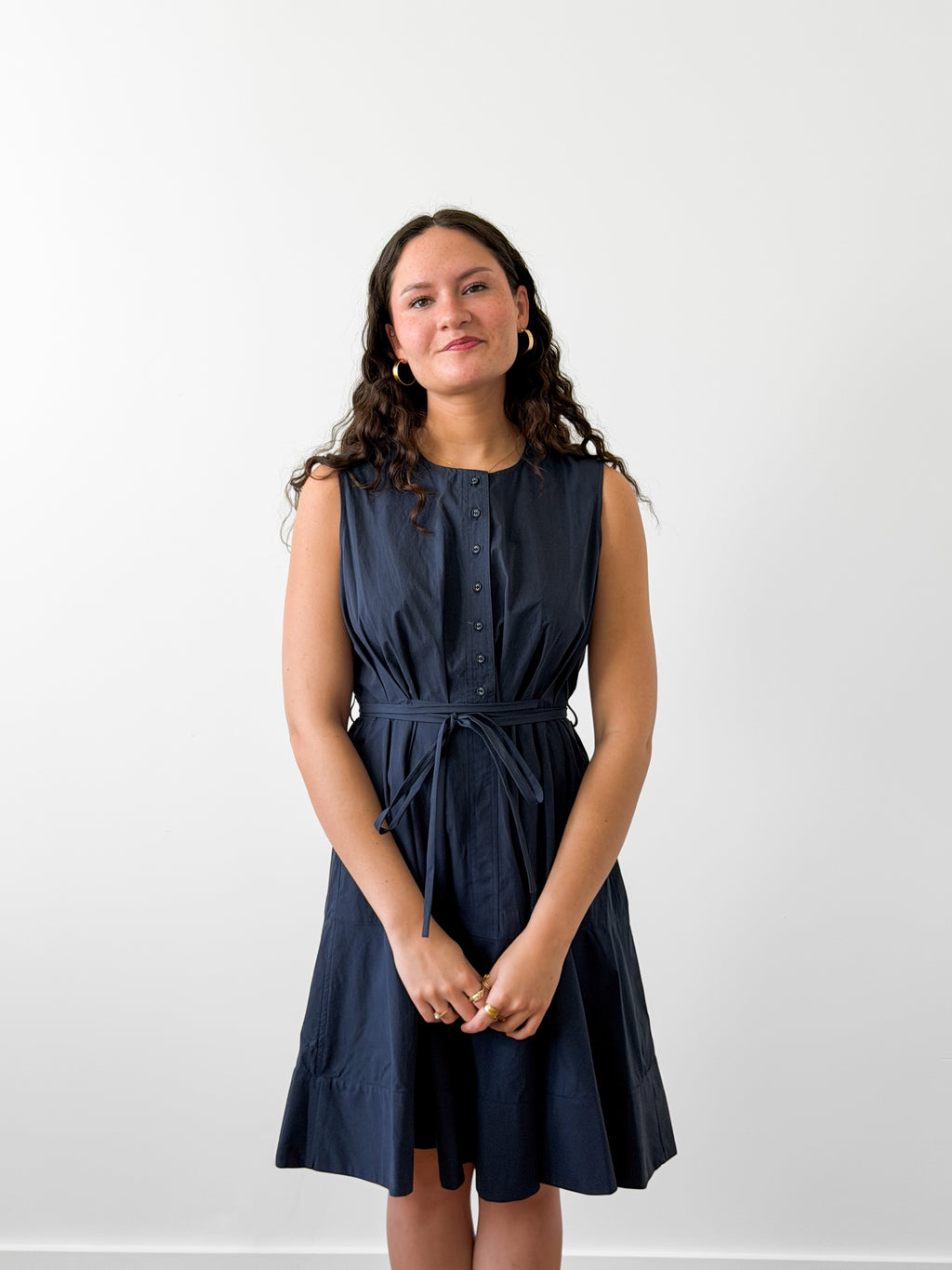 PINCH Cara Cotton Buttoned Tie Waist Tank Mini Dress (Navy)