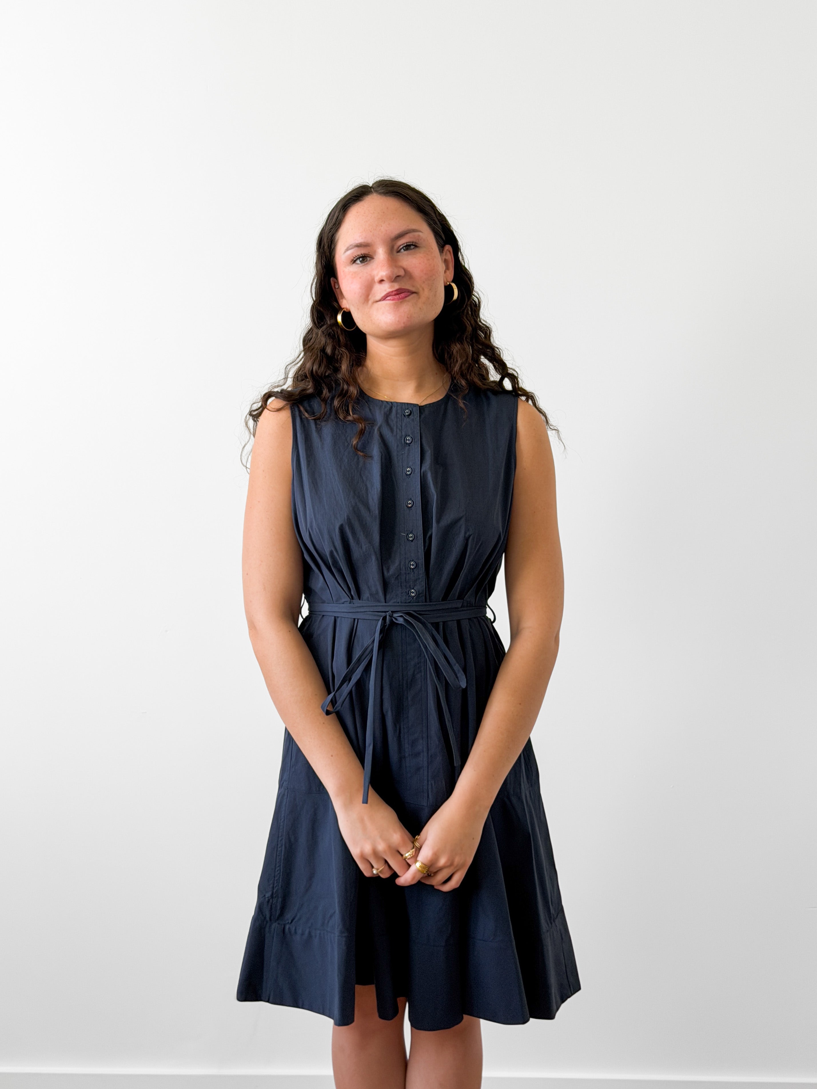 PINCH Cara Cotton Buttoned Tie Waist Tank Mini Dress (Navy)