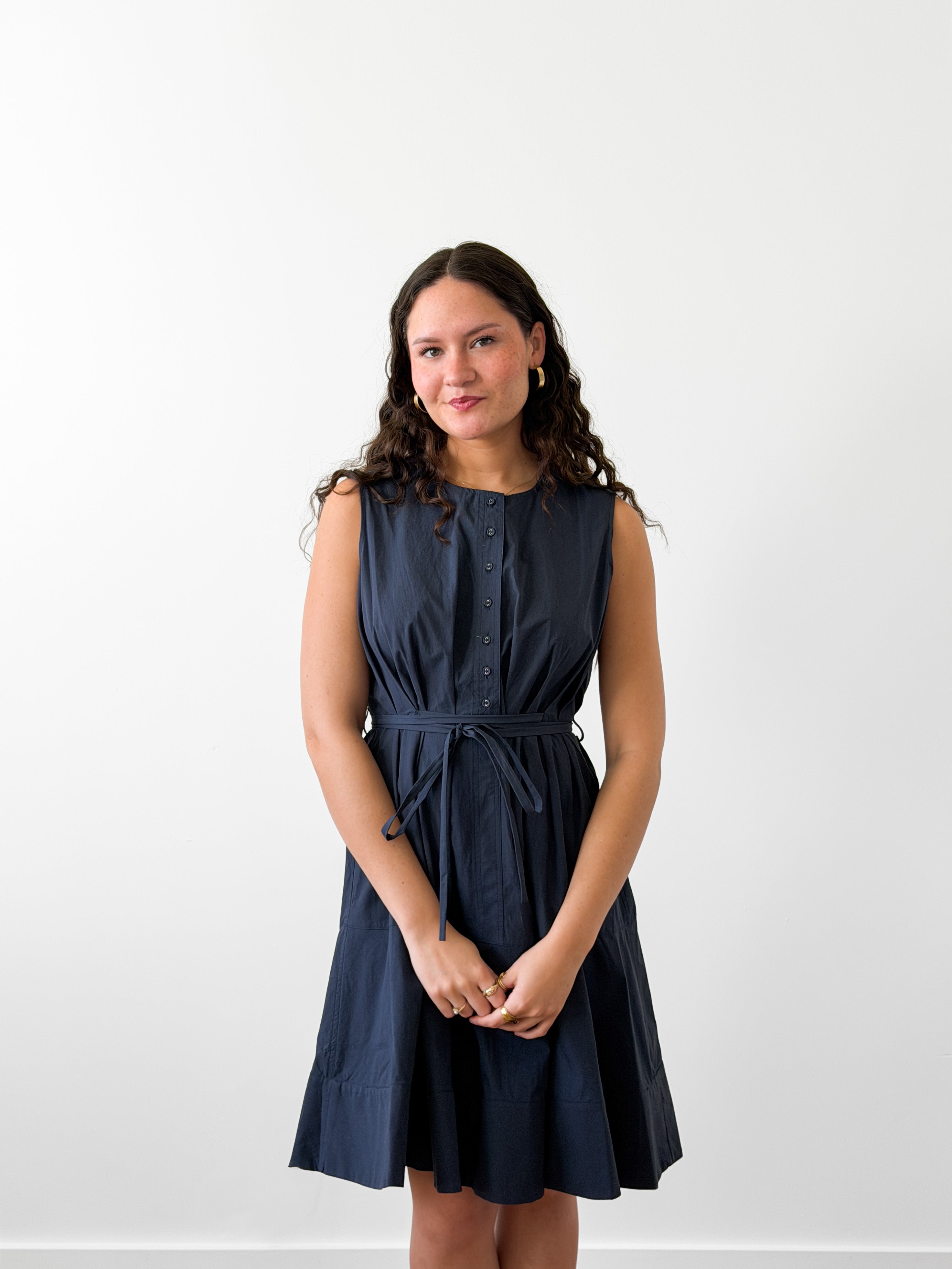 PINCH Cara Cotton Buttoned Tie Waist Tank Mini Dress (Navy)