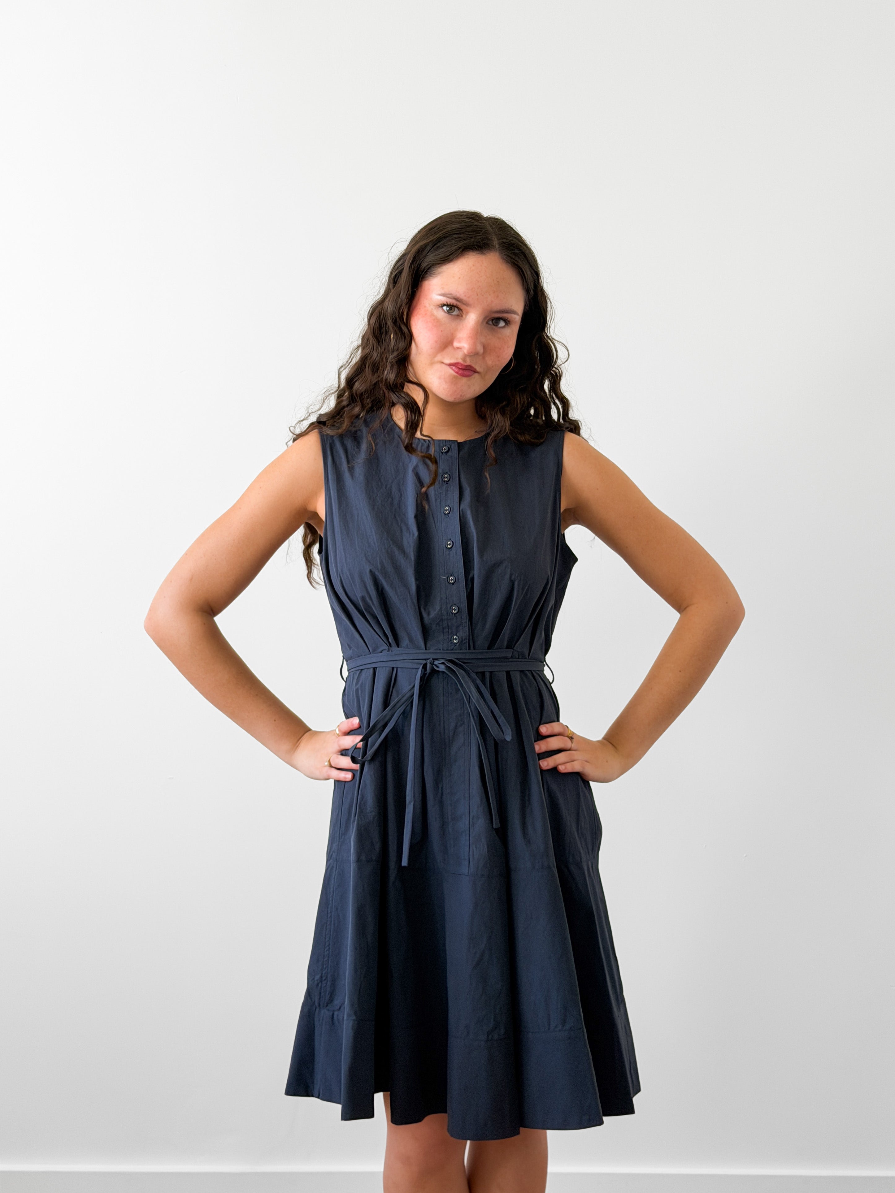 PINCH Cara Cotton Buttoned Tie Waist Tank Mini Dress (Navy)