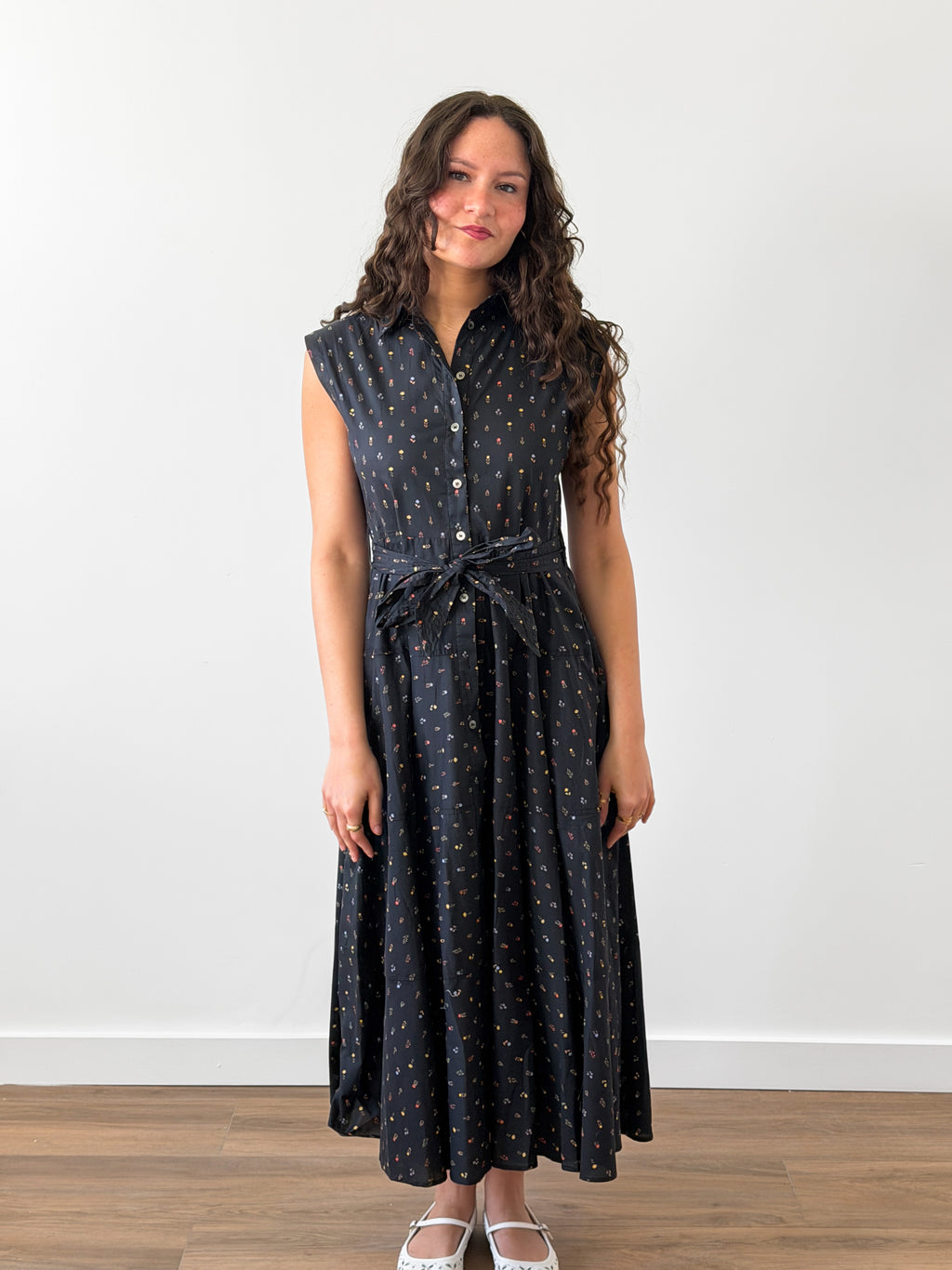 PINCH Chloe Black Floral Cotton Button Down Midi Dress