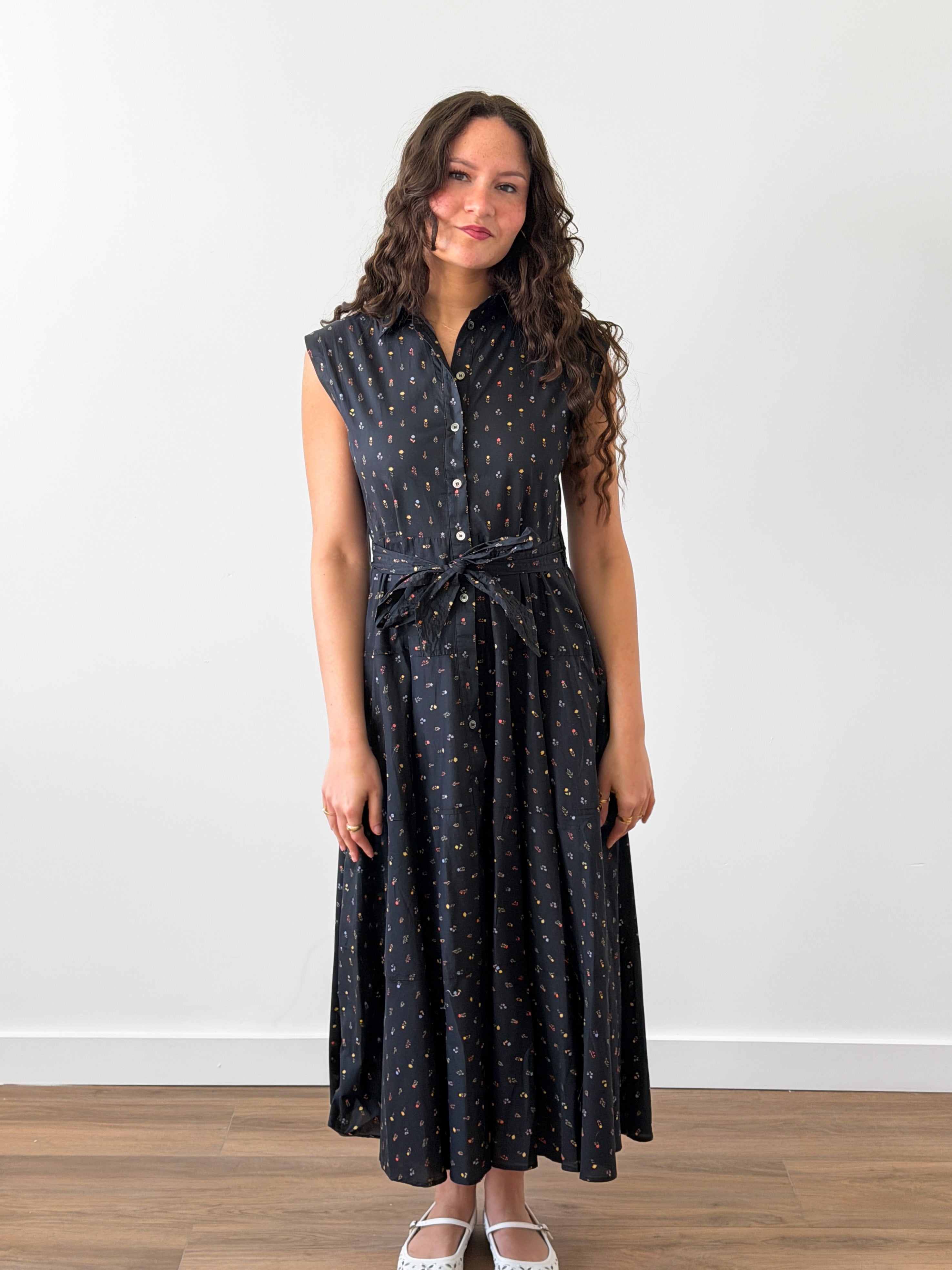 PINCH Chloe Black Floral Cotton Button Down Midi Dress