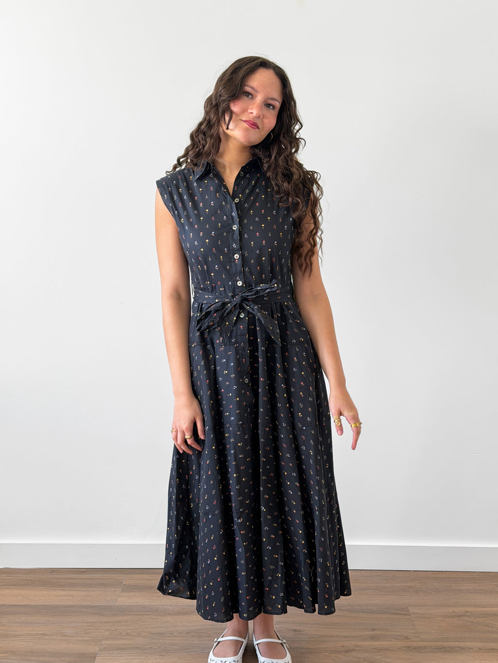 PINCH Chloe Black Floral Cotton Button Down Midi Dress