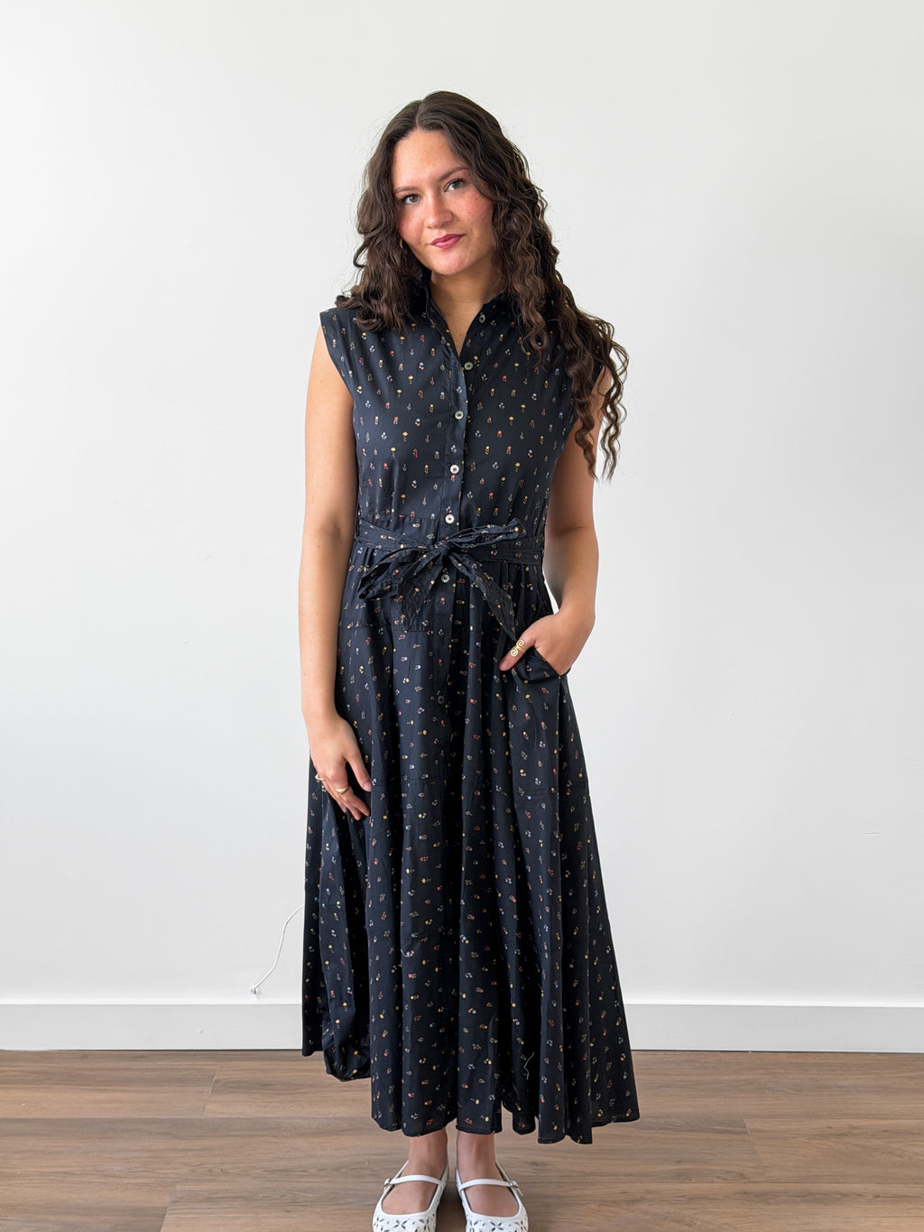 PINCH Chloe Black Floral Cotton Button Down Midi Dress