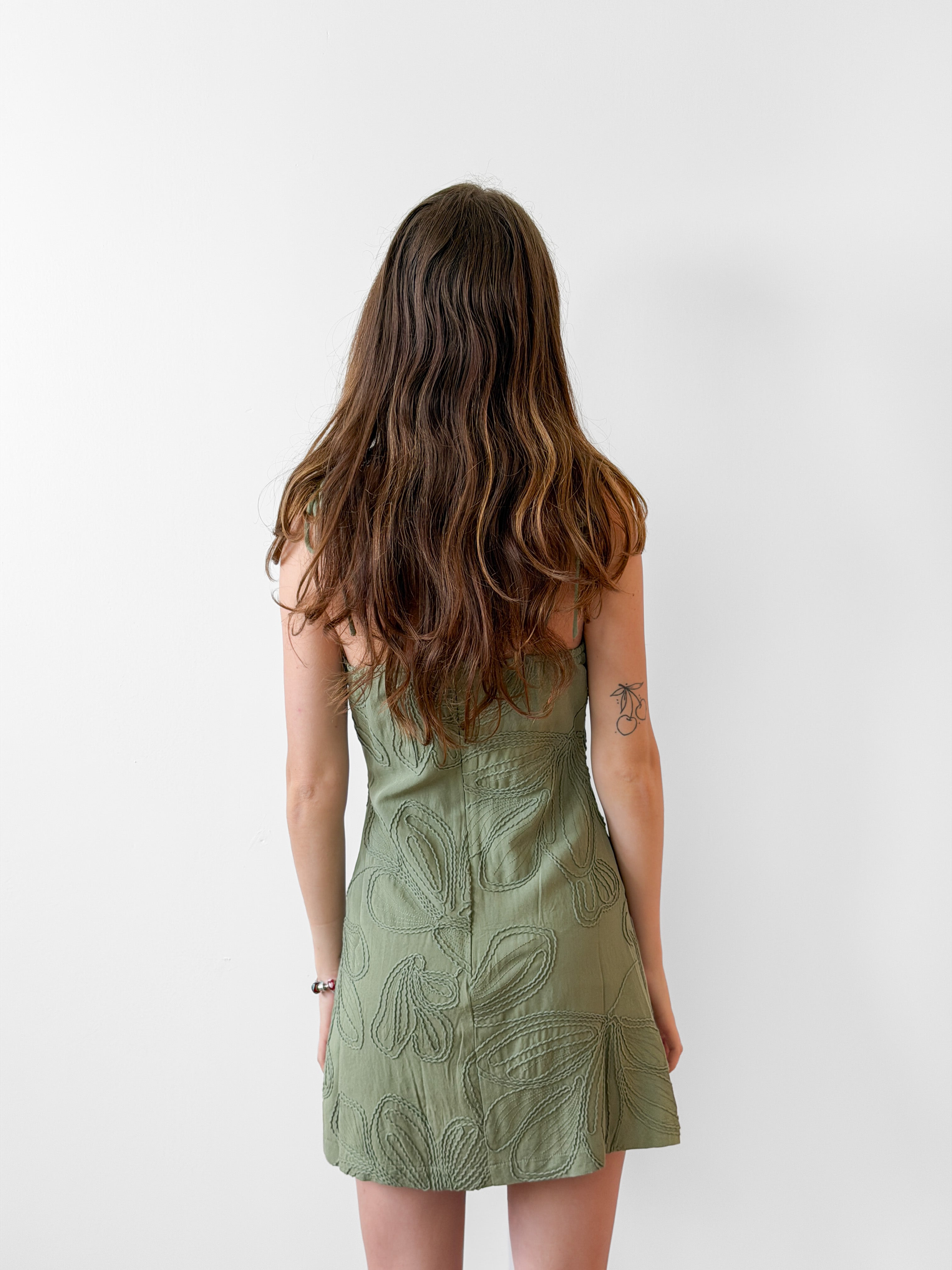 Capri Green Embroidered Spaghetti Tie Strap Mini Dress