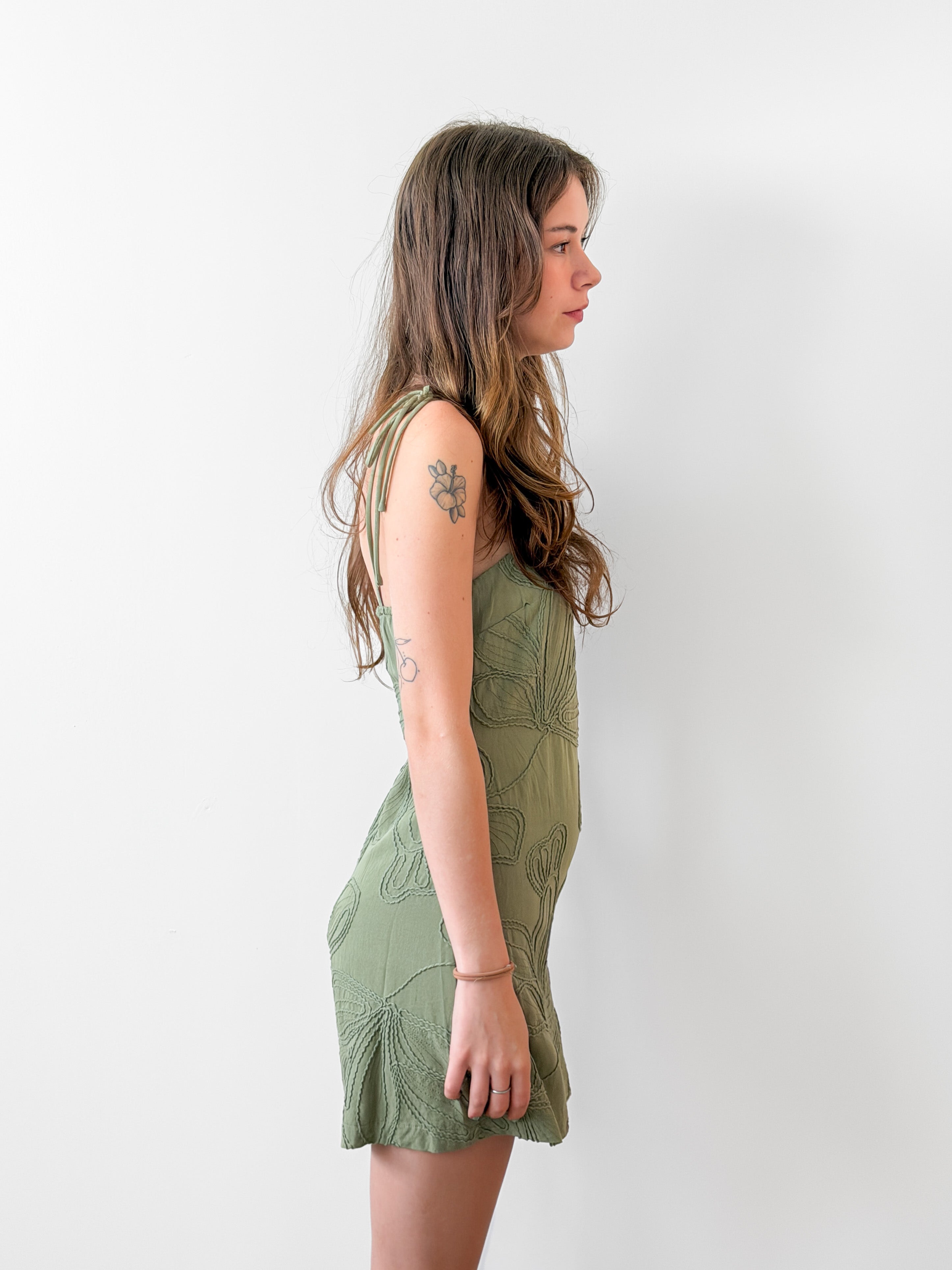Capri Green Embroidered Spaghetti Tie Strap Mini Dress