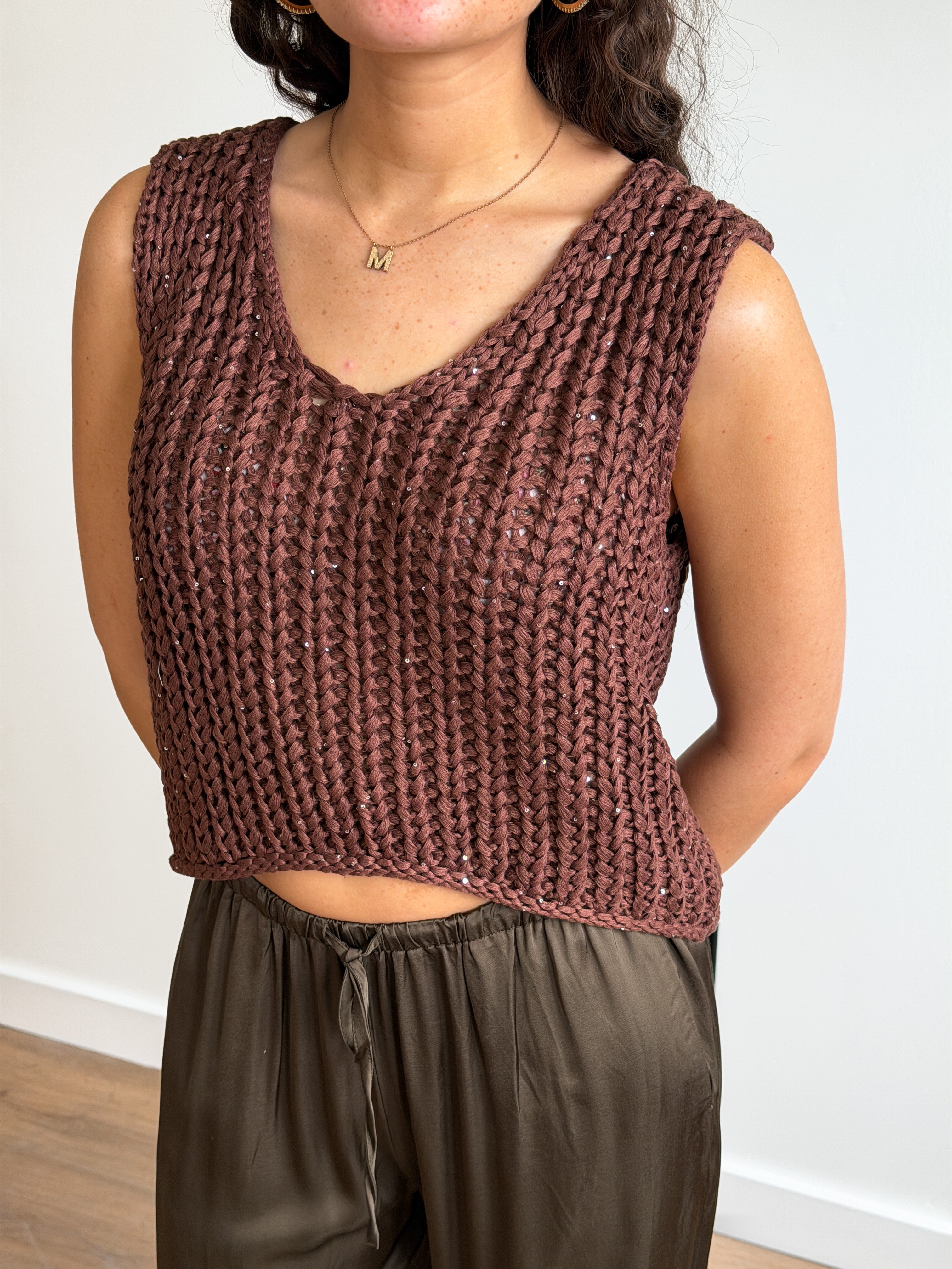 Desi Brown Sequin Knit Sleeveless Tank Top