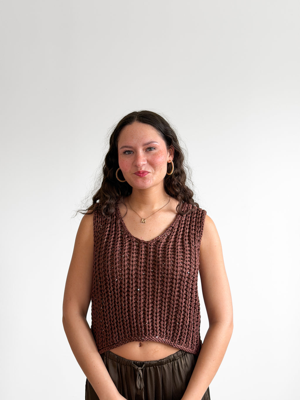 Desi Brown Sequin Knit Sleeveless Tank Top