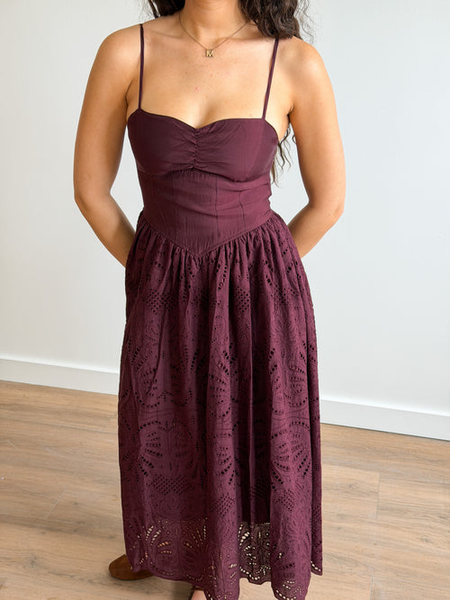 Demi Wine Cotton Eyelet Detail Sleeveless Midi Dress