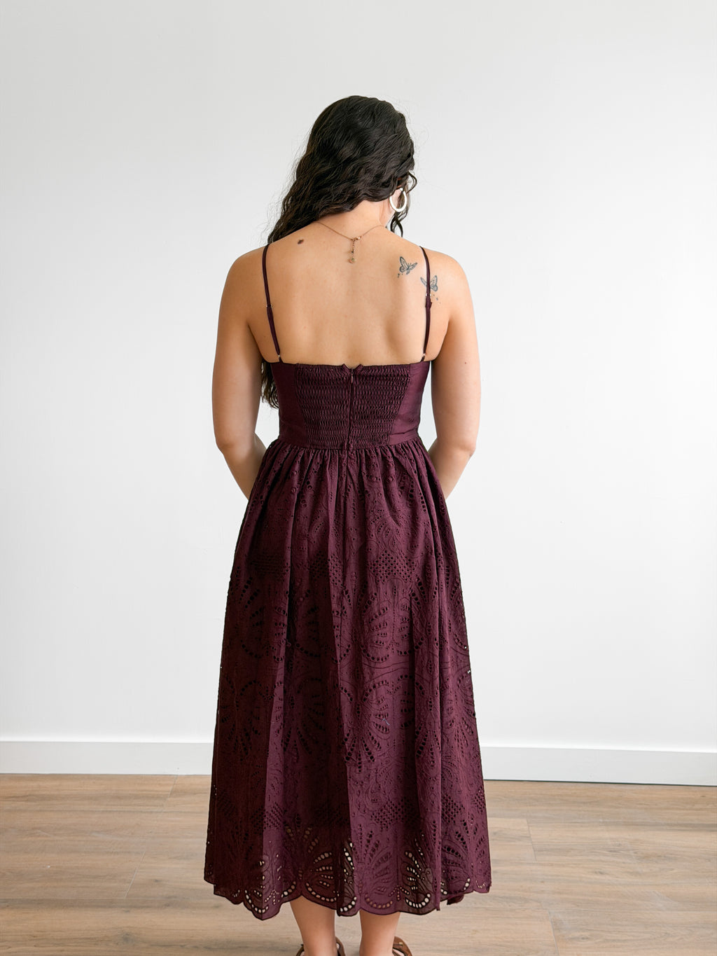 Demi Wine Cotton Eyelet Detail Sleeveless Midi Dress