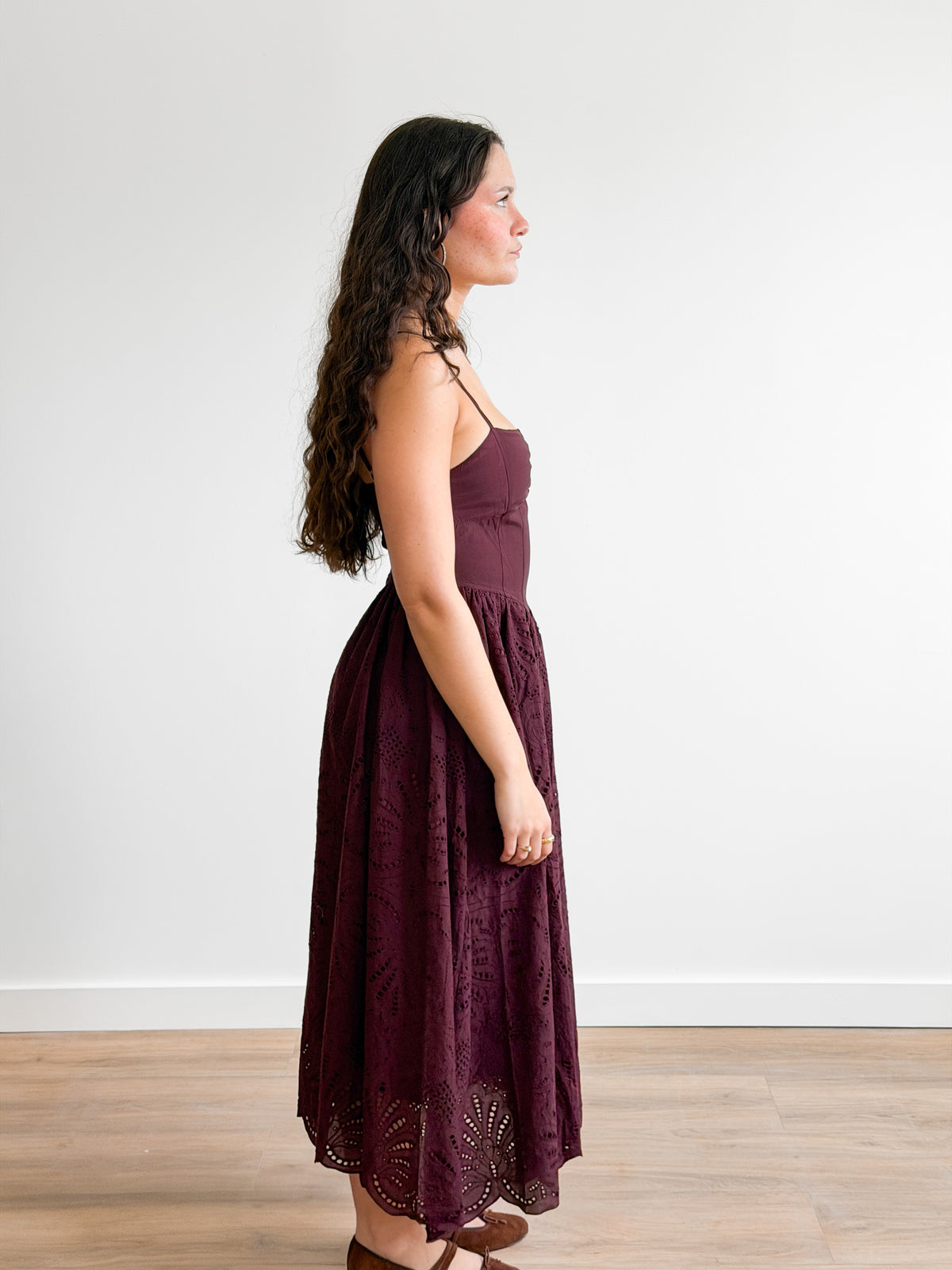 Demi Wine Cotton Eyelet Detail Sleeveless Midi Dress