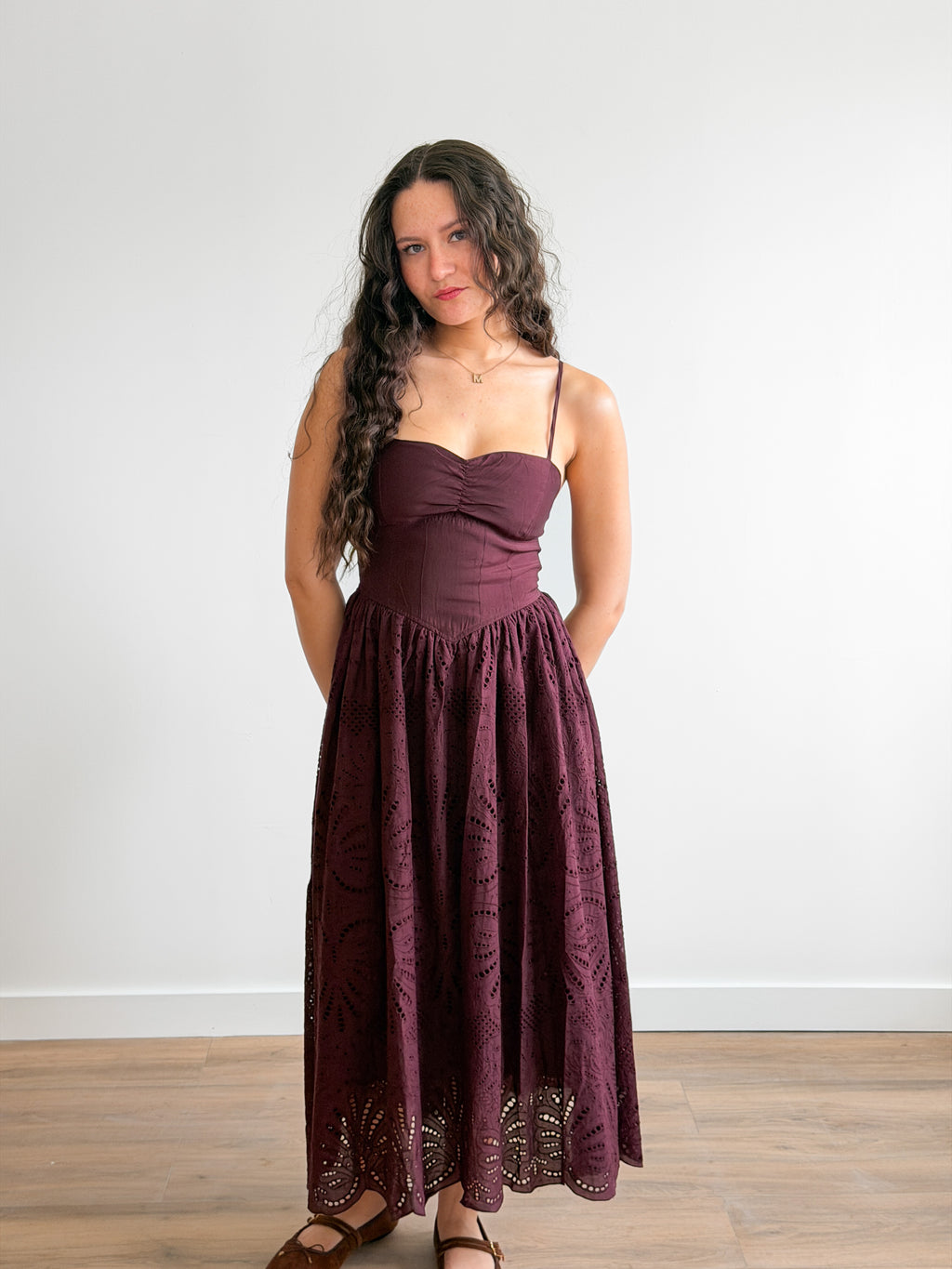 Demi Wine Cotton Eyelet Detail Sleeveless Midi Dress