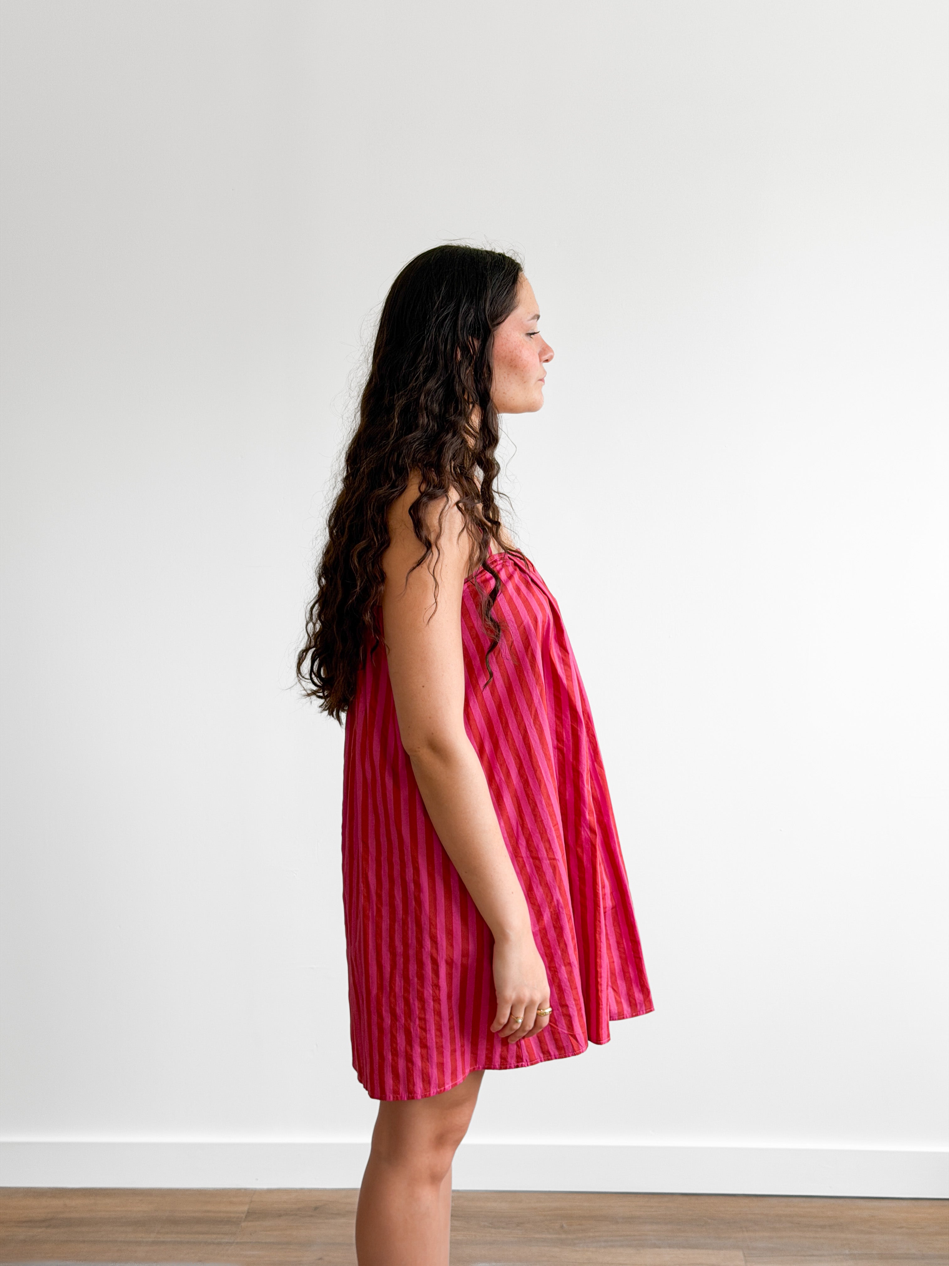 Dahlia Pink Candy Stripe Cotton Sleeveless Mini Dress