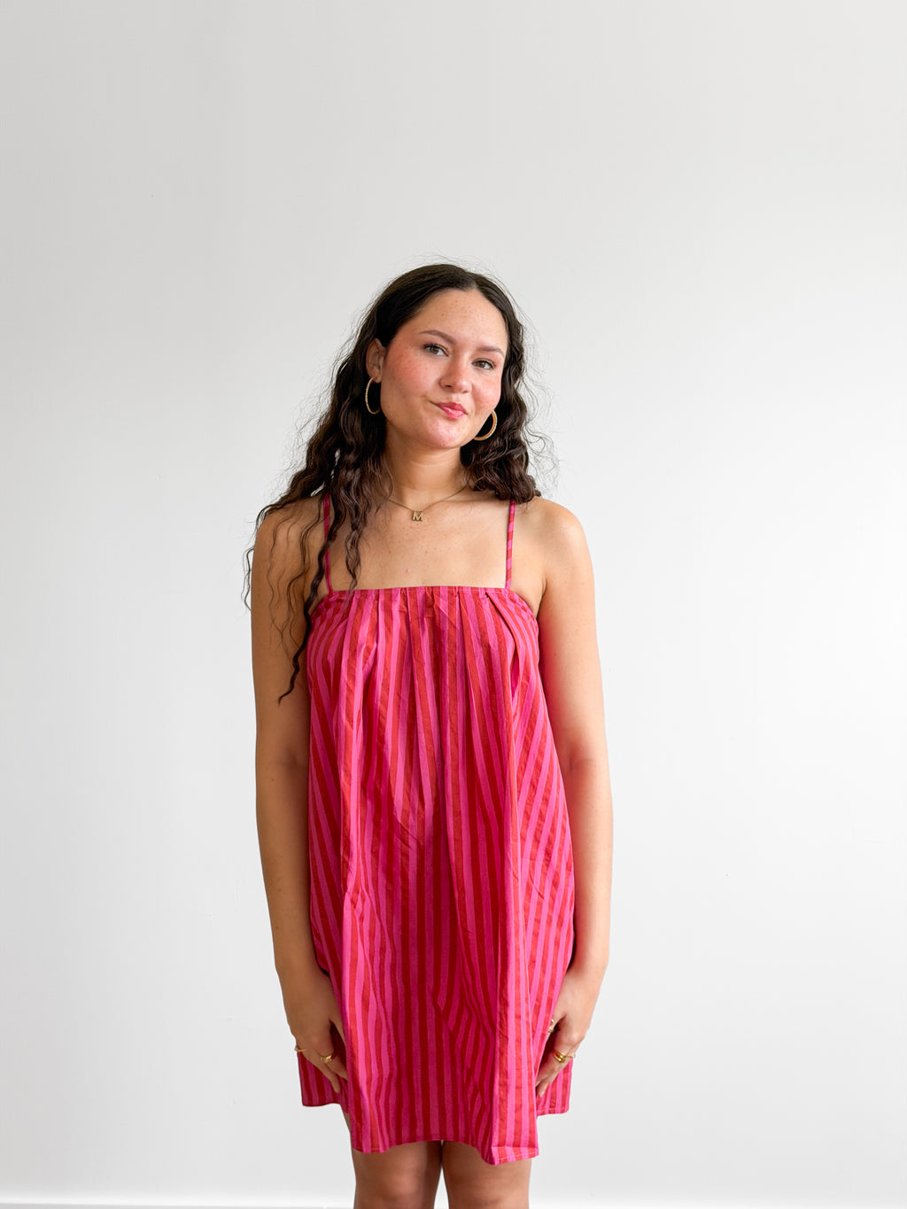Dahlia Pink Candy Stripe Cotton Sleeveless Mini Dress