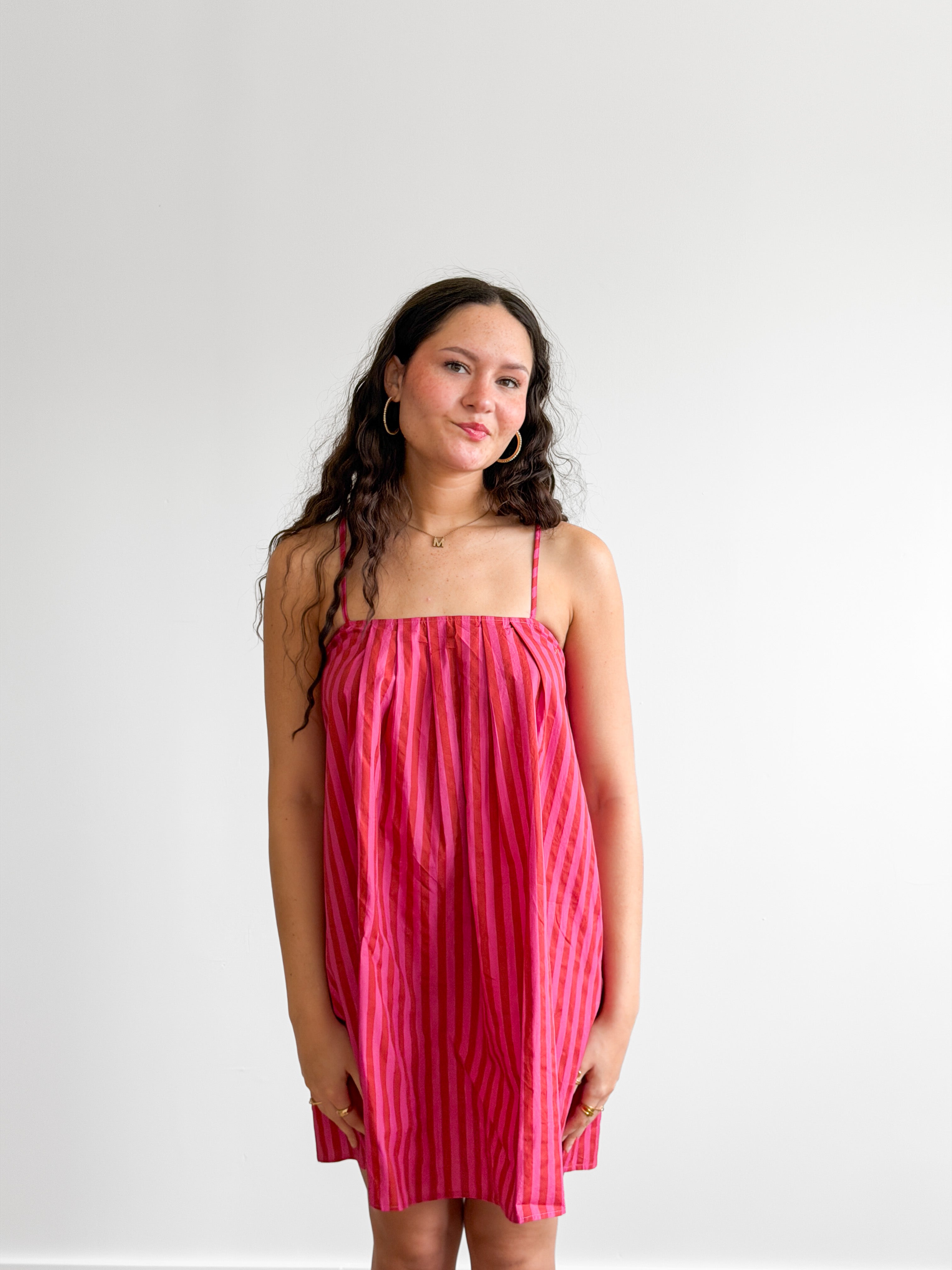 Dahlia Pink Candy Stripe Cotton Sleeveless Mini Dress