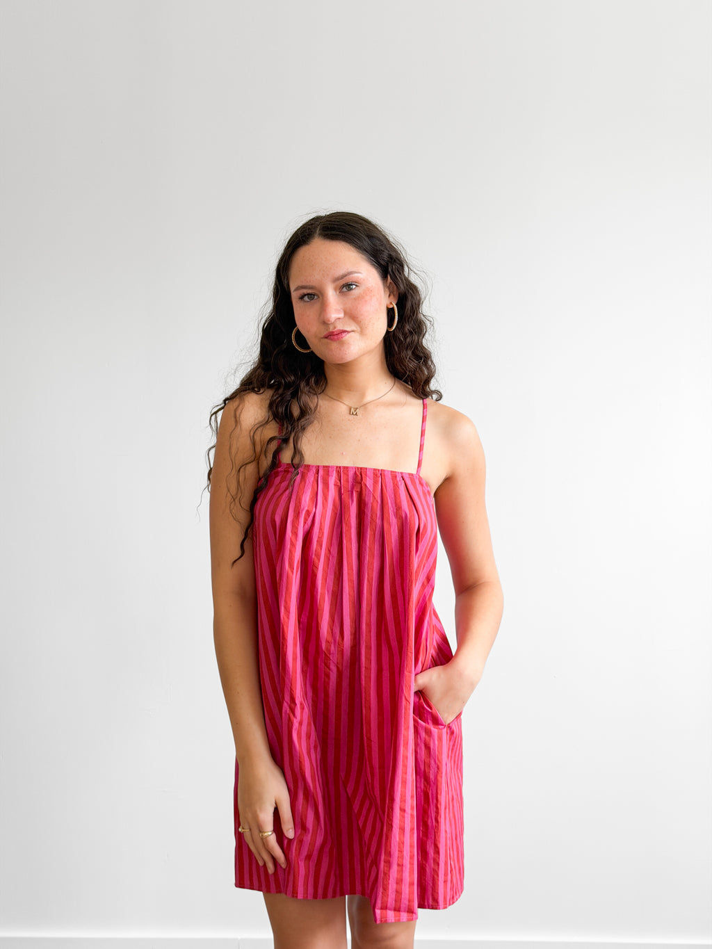 Dahlia Pink Candy Stripe Cotton Sleeveless Mini Dress