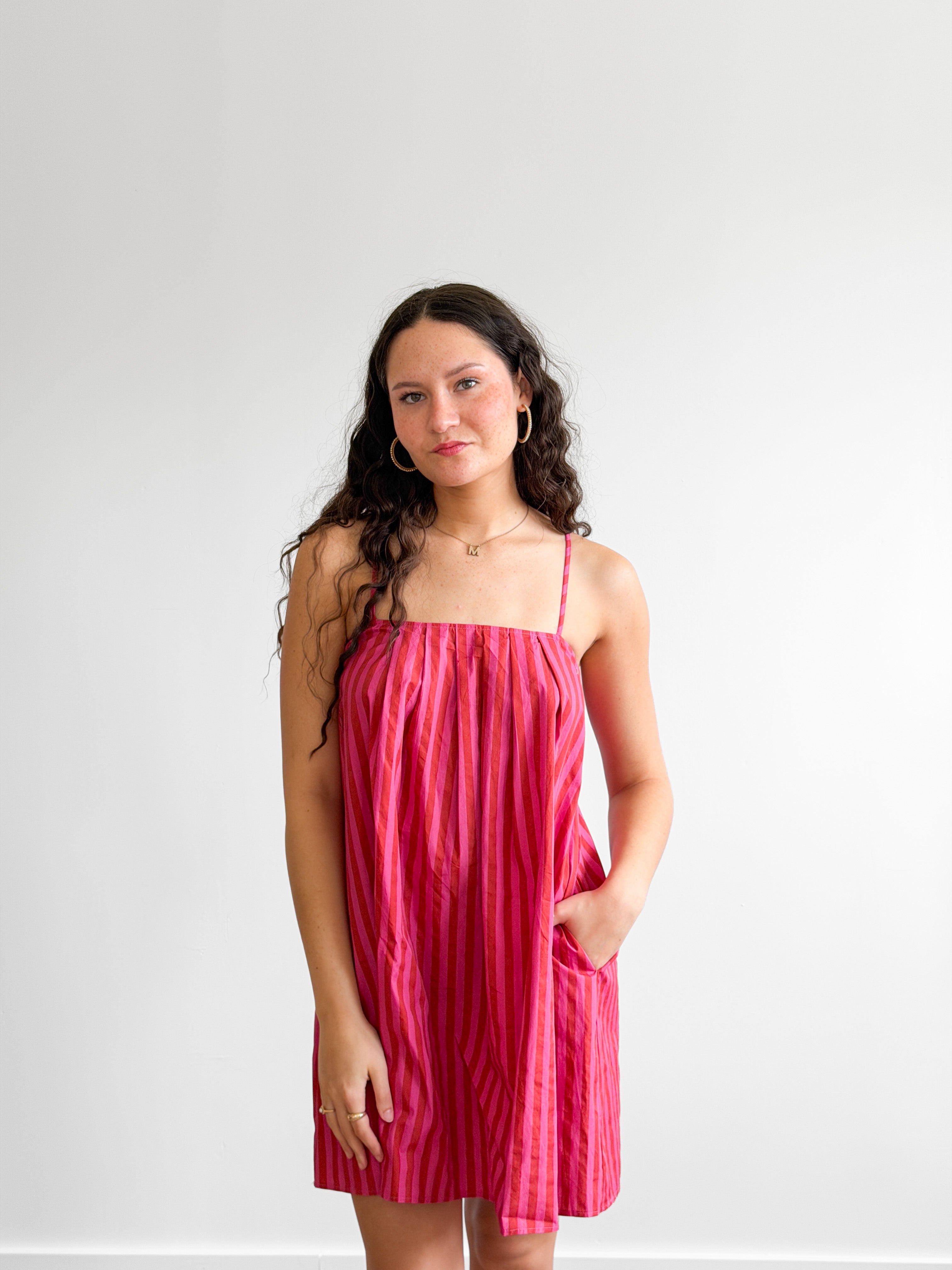 Dahlia Pink Candy Stripe Cotton Sleeveless Mini Dress