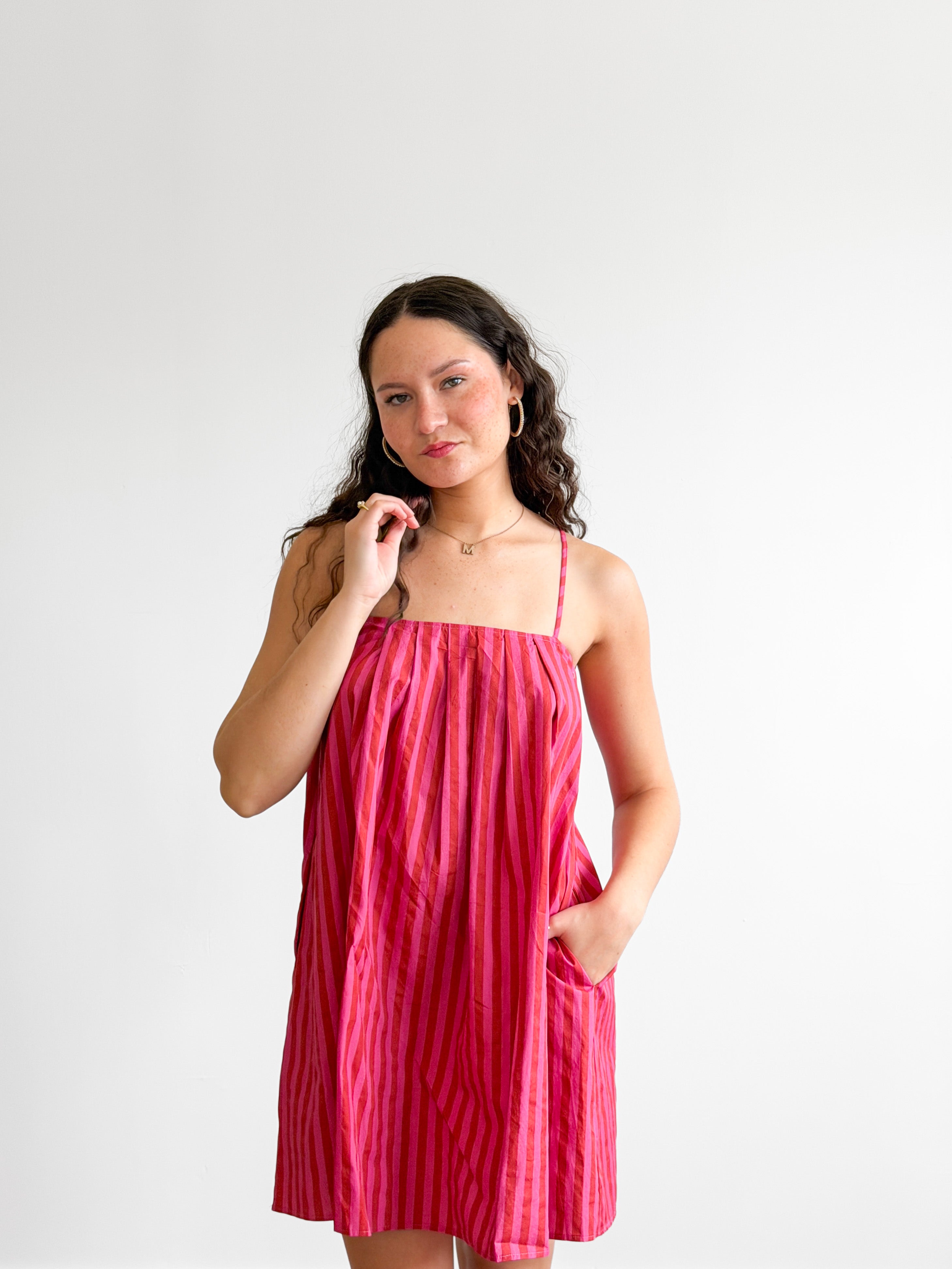 Dahlia Pink Candy Stripe Cotton Sleeveless Mini Dress