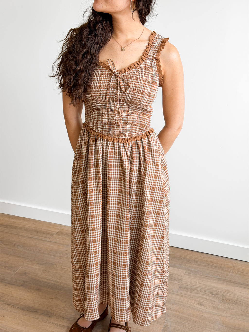Darcy Camel Plaid Smocked Ruffle Lace Trim Midi Dress