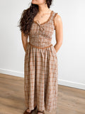 Darcy Camel Plaid Smocked Ruffle Lace Trim Midi Dress