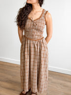Darcy Camel Plaid Smocked Ruffle Lace Trim Midi Dress