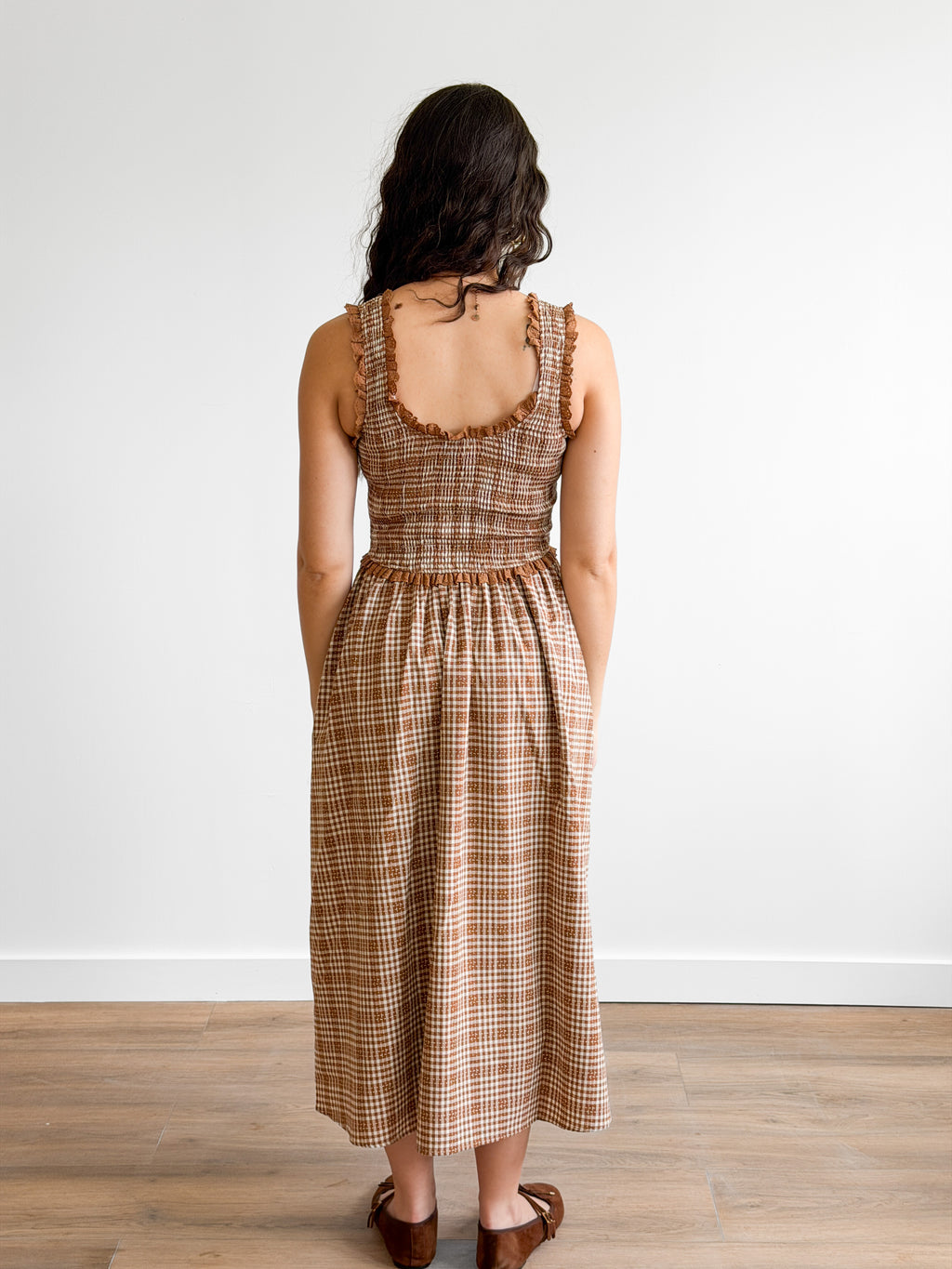 Darcy Camel Plaid Smocked Ruffle Lace Trim Midi Dress
