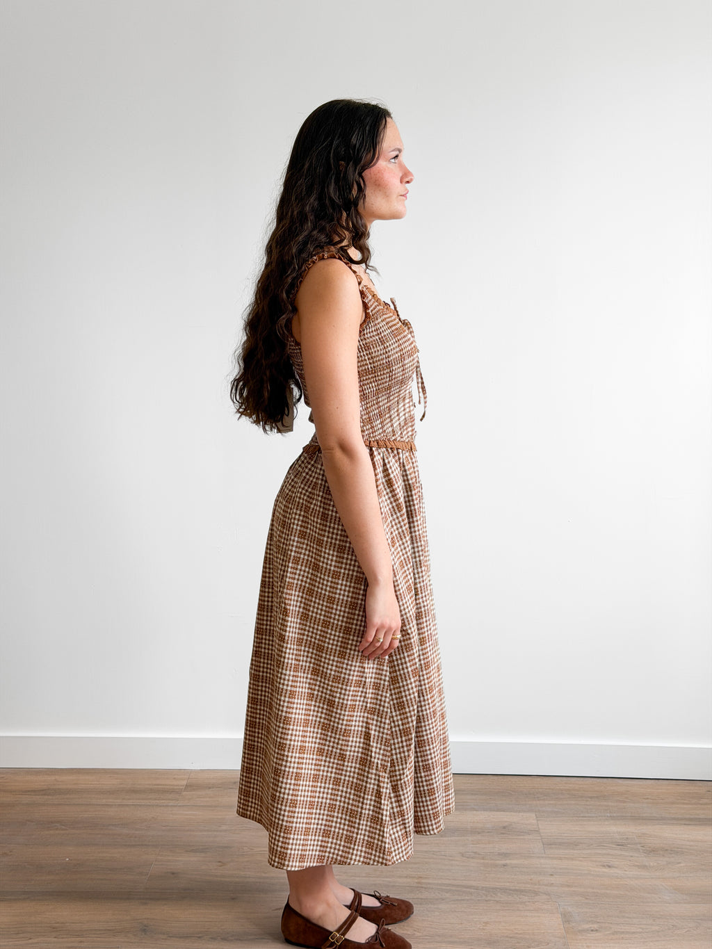 Darcy Camel Plaid Smocked Ruffle Lace Trim Midi Dress