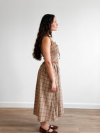Darcy Camel Plaid Smocked Ruffle Lace Trim Midi Dress