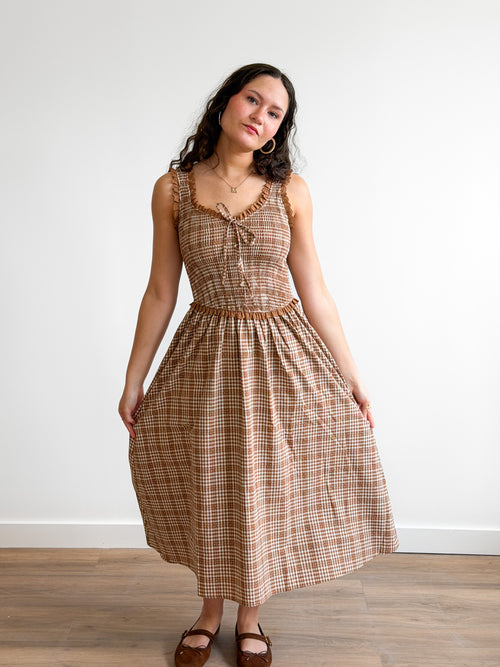 Darcy Camel Plaid Smocked Ruffle Lace Trim Midi Dress