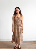 Darcy Camel Plaid Smocked Ruffle Lace Trim Midi Dress