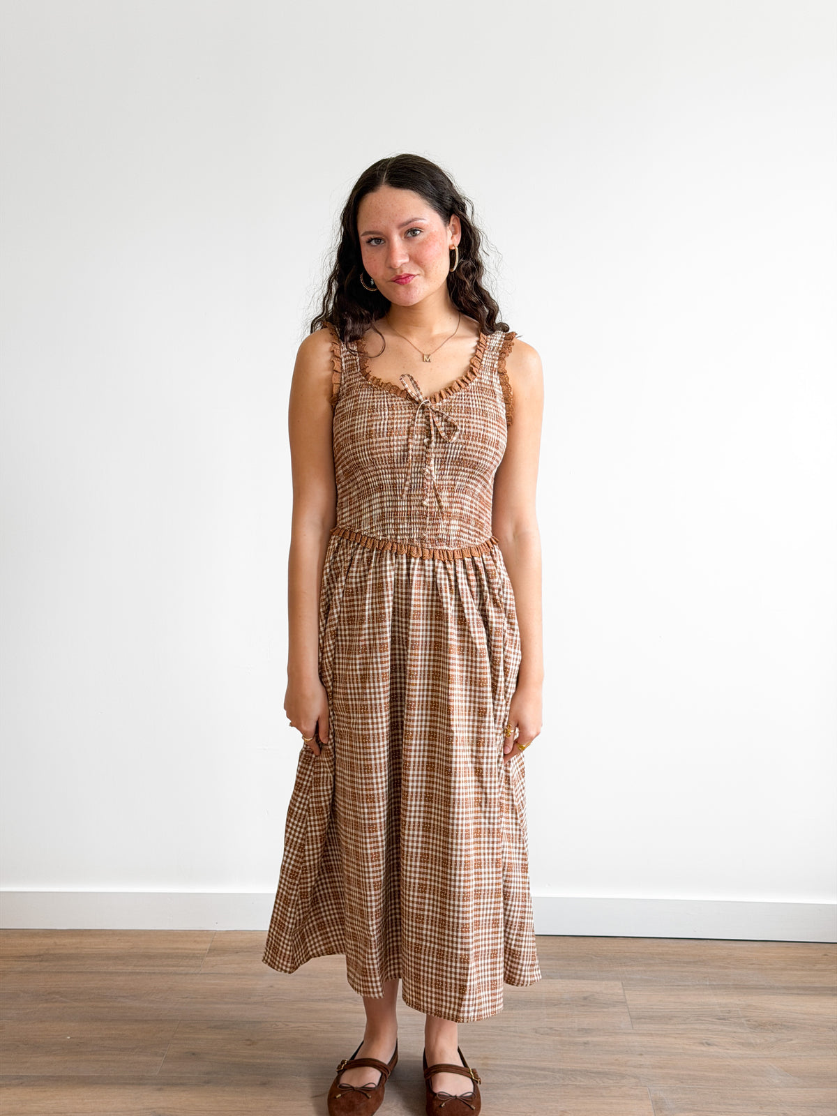 darcy midi dress Camel Plaid Smocked Ruffle Lace Trim – Momni Boutique flattering fit while delicate Color:Cotton Candy Swirl boho womens clothing Long Sleeves Beaded Lace