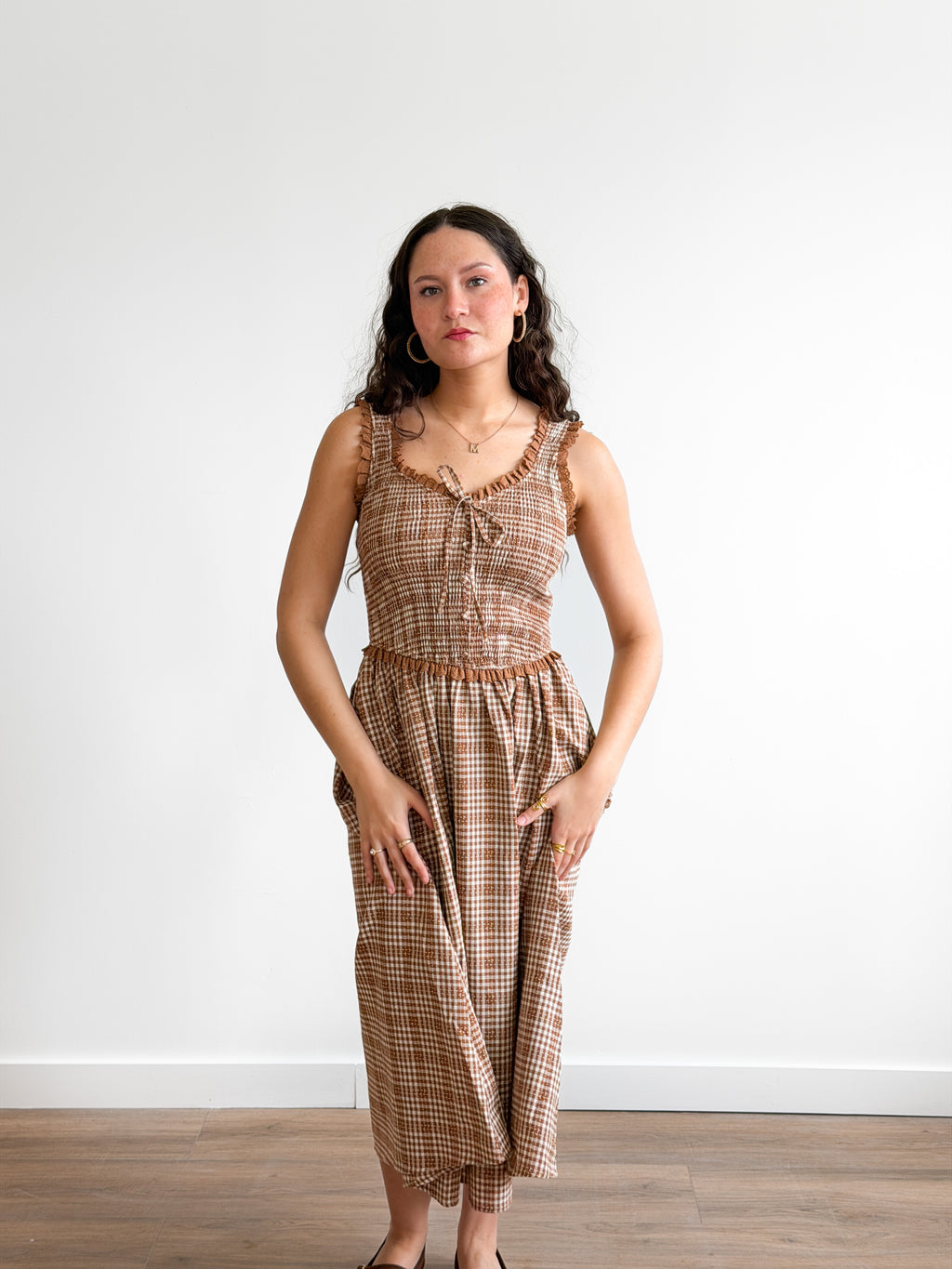 Darcy Camel Plaid Smocked Ruffle Lace Trim Midi Dress