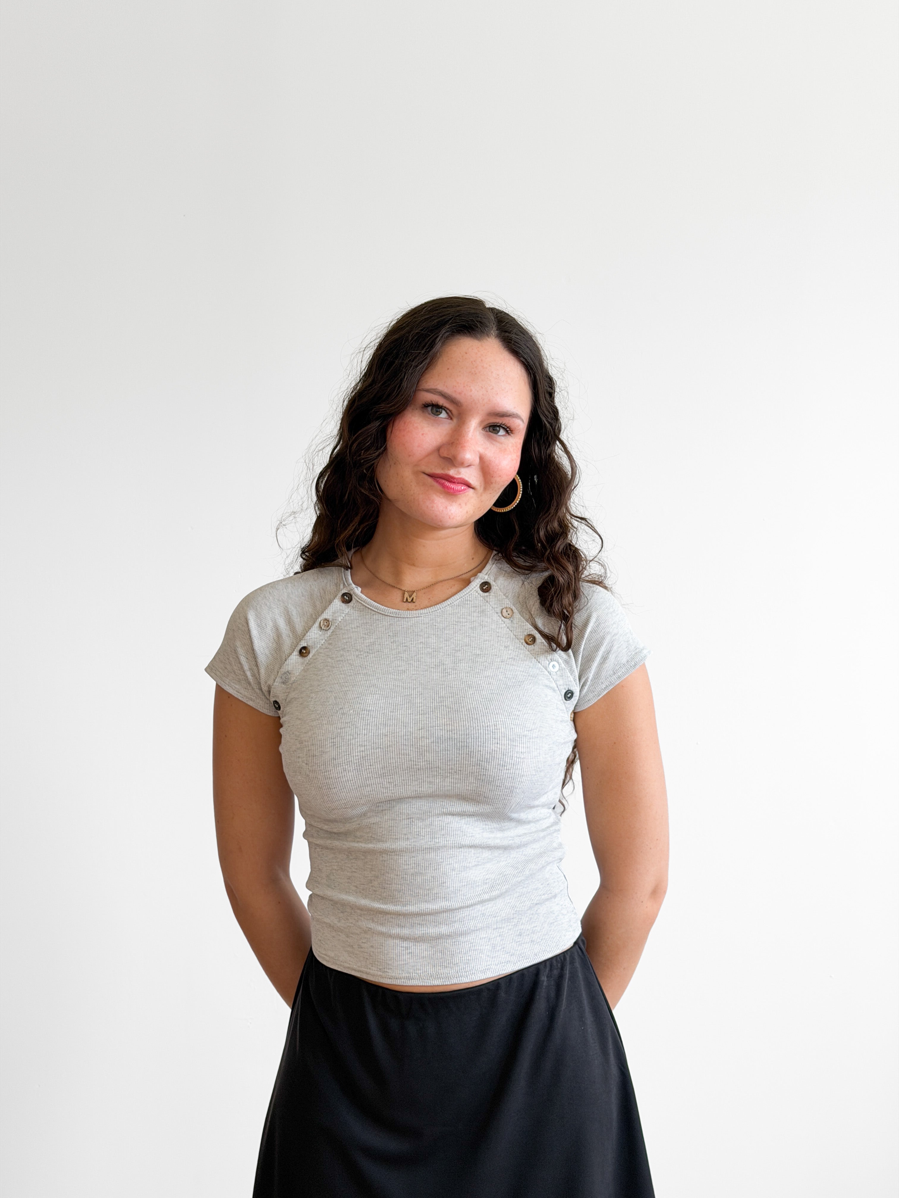 Drew Grey Ribbed Knit Button Detail Top