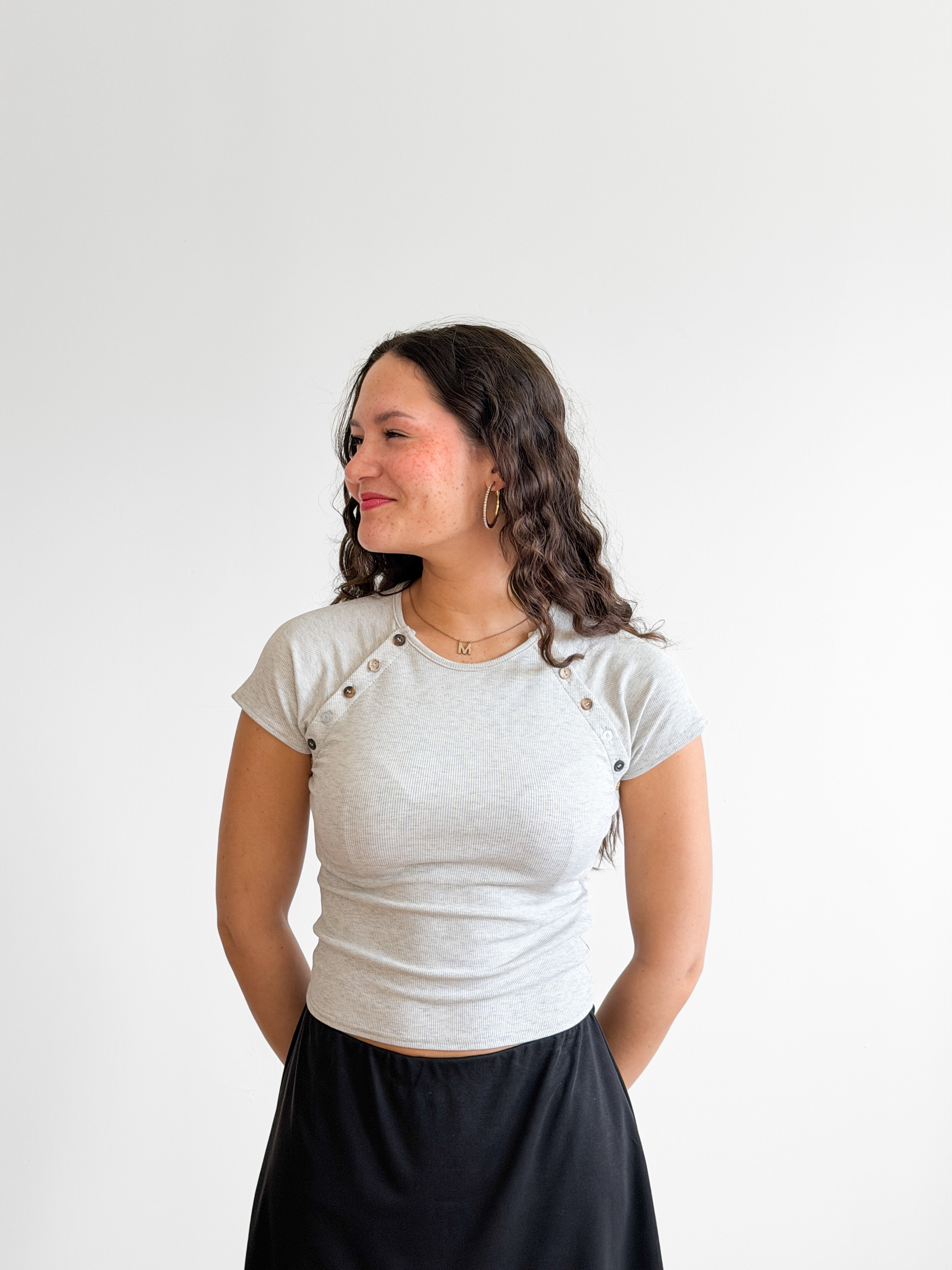 Drew Grey Ribbed Knit Button Detail Top