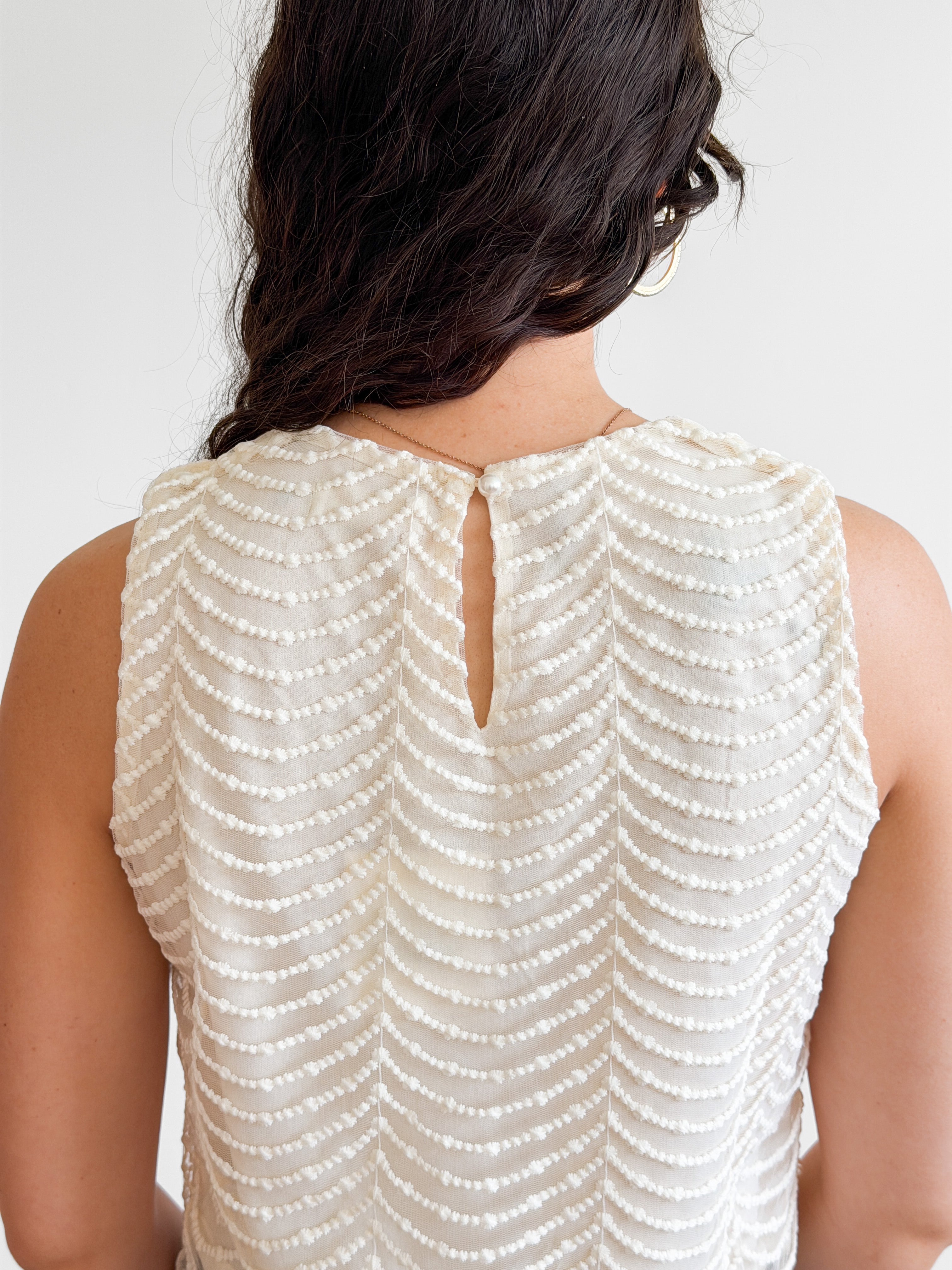Davina Cream Pearl Beaded Mesh Sleeveless Top