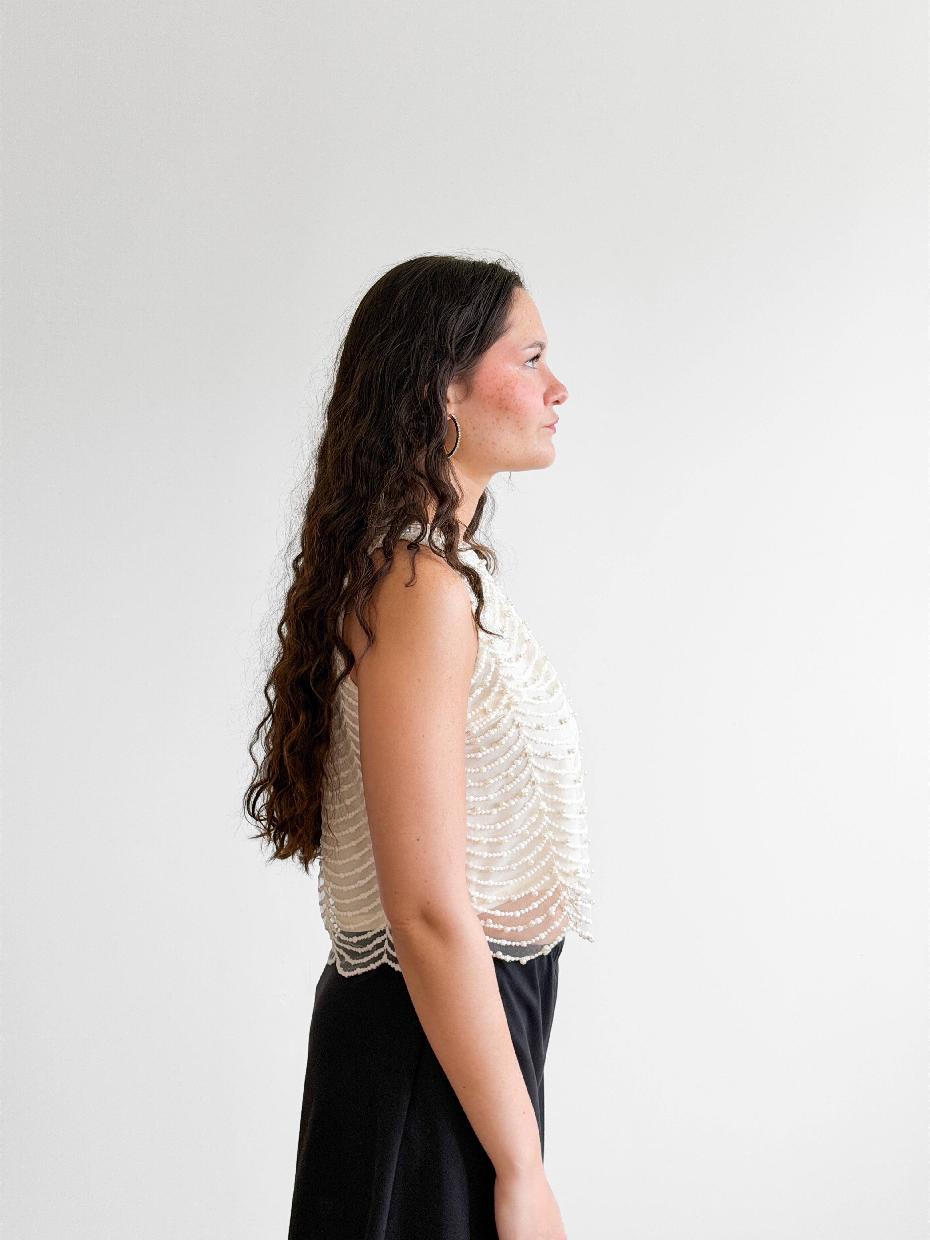 Davina Cream Pearl Beaded Mesh Sleeveless Top