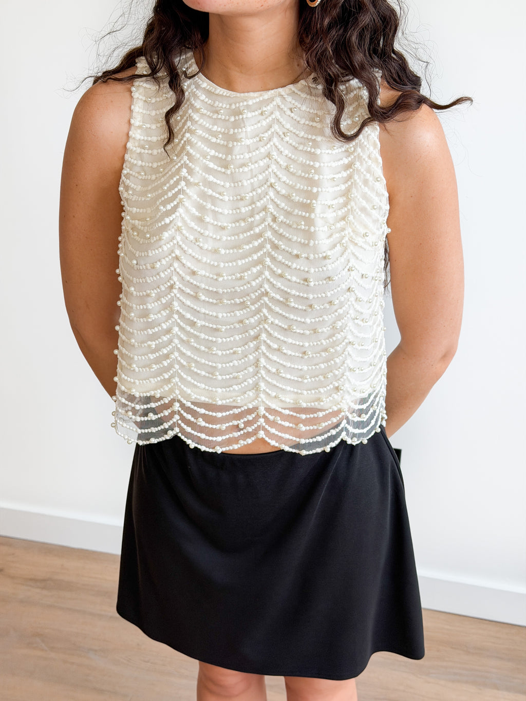 Davina Cream Pearl Beaded Mesh Sleeveless Top