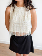 Davina Cream Pearl Beaded Mesh Sleeveless Top