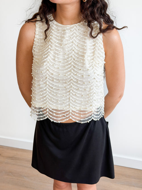 Davina Cream Pearl Beaded Mesh Sleeveless Top