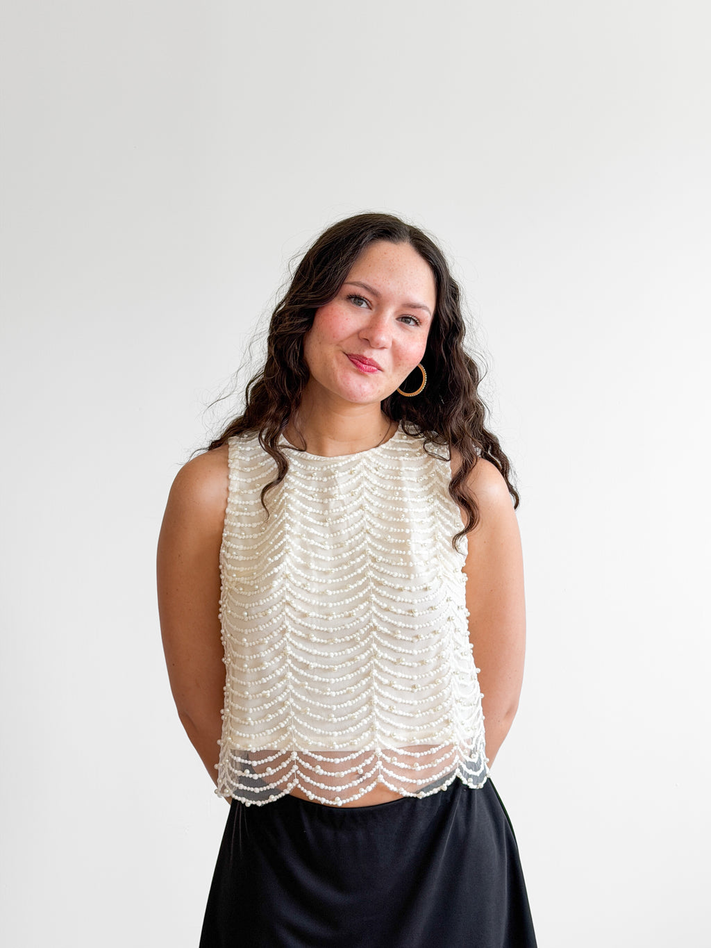 Davina Cream Pearl Beaded Mesh Sleeveless Top