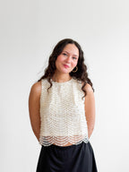 Davina Cream Pearl Beaded Mesh Sleeveless Top