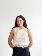 Davina Cream Pearl Beaded Mesh Sleeveless Top