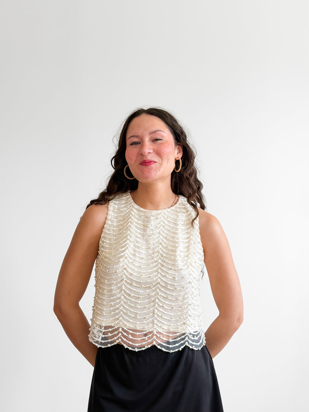 Davina Cream Pearl Beaded Mesh Sleeveless Top