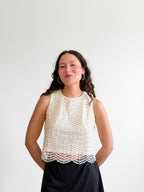 Davina Cream Pearl Beaded Mesh Sleeveless Top