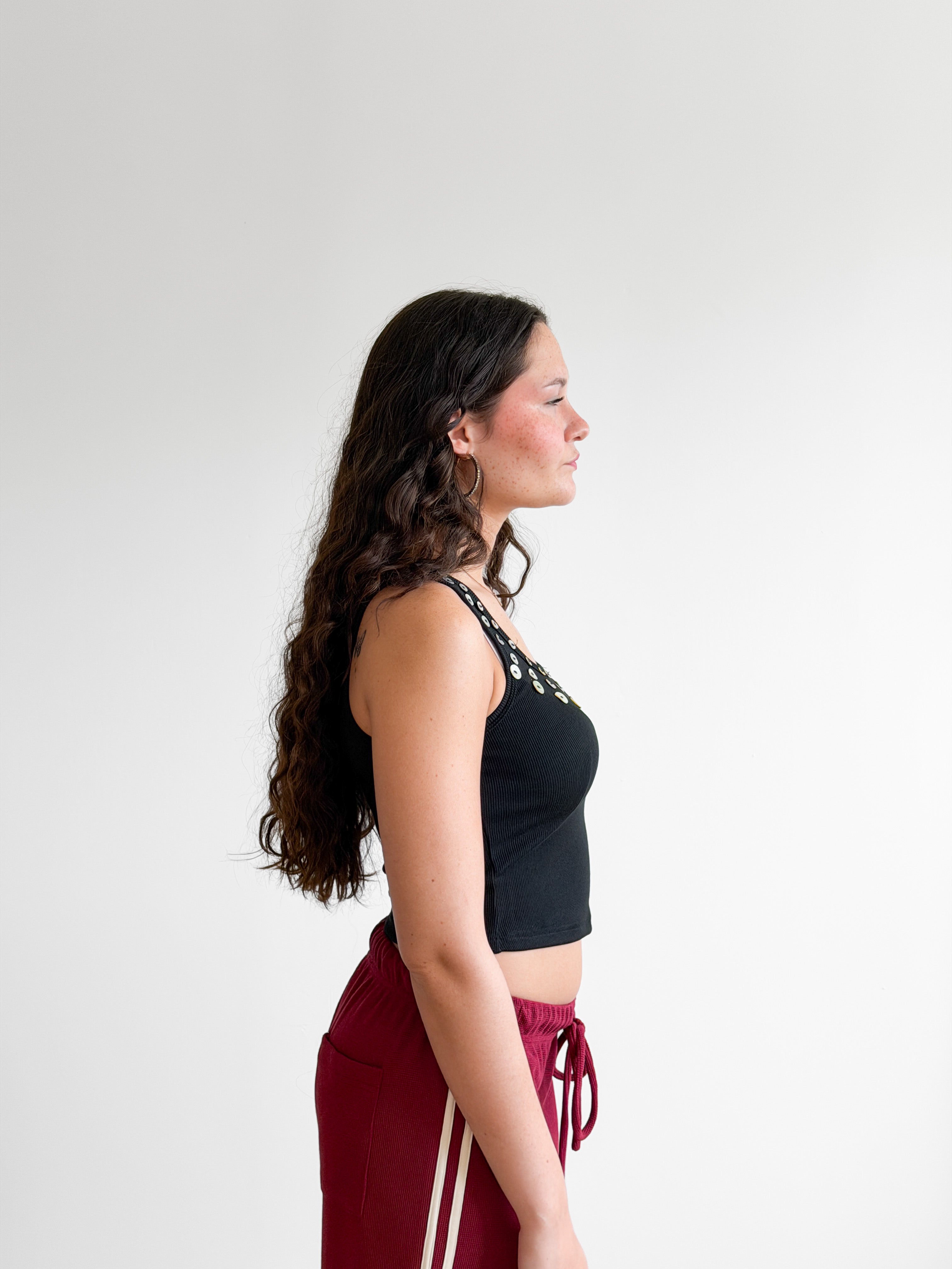 Devin Black Ribbed Knit Button Detail Tank Top