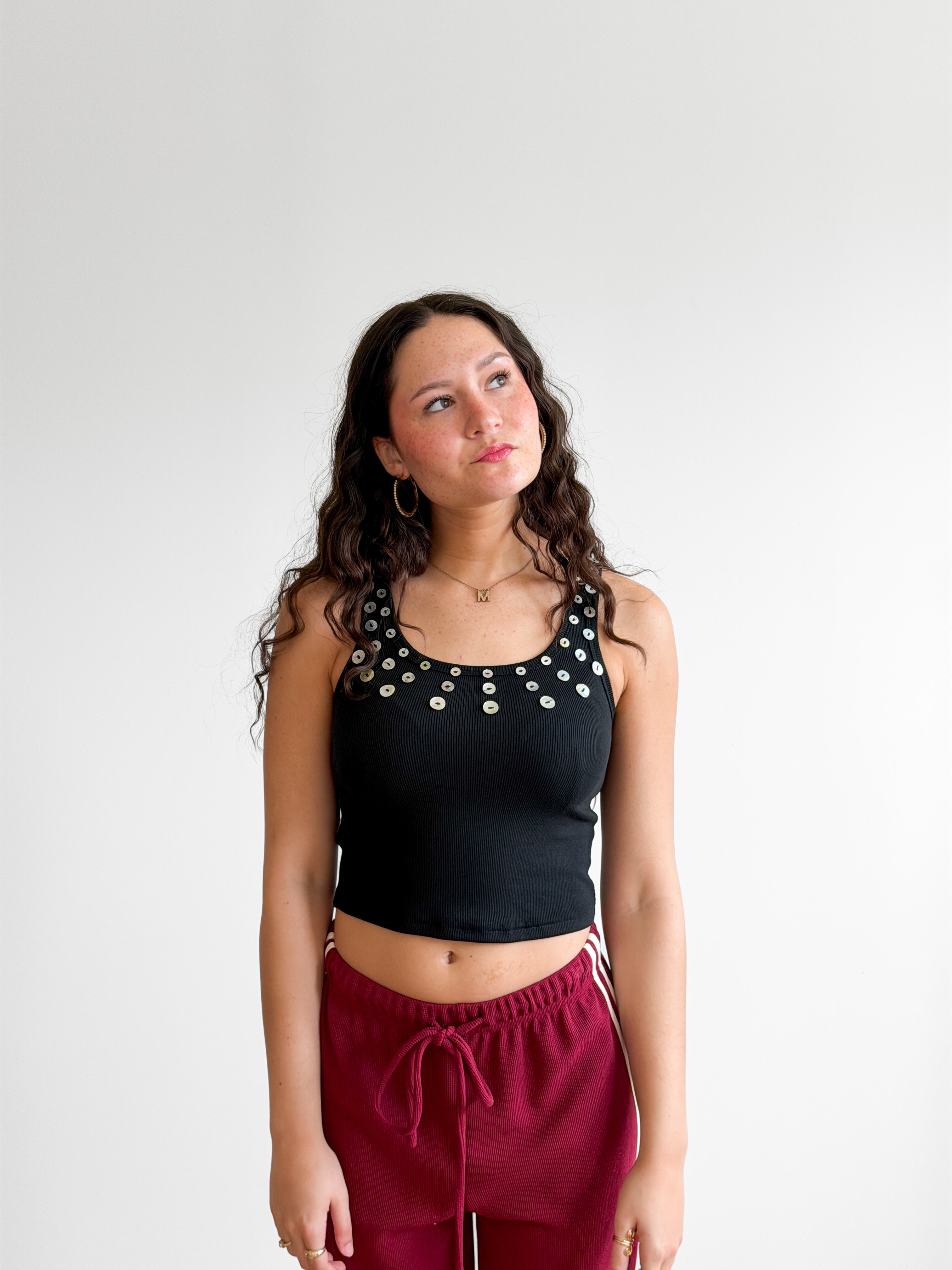 Devin Black Ribbed Knit Button Detail Tank Top
